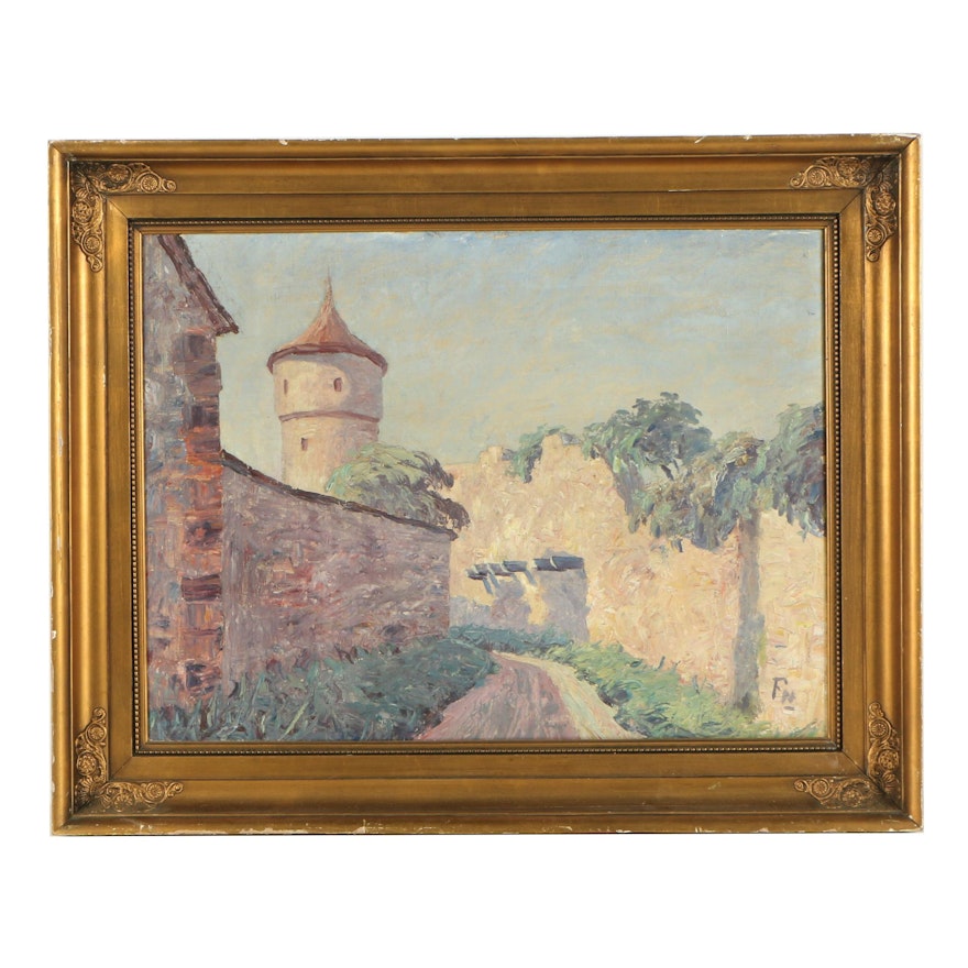 Early 20th Century Oil Painting of Architecture