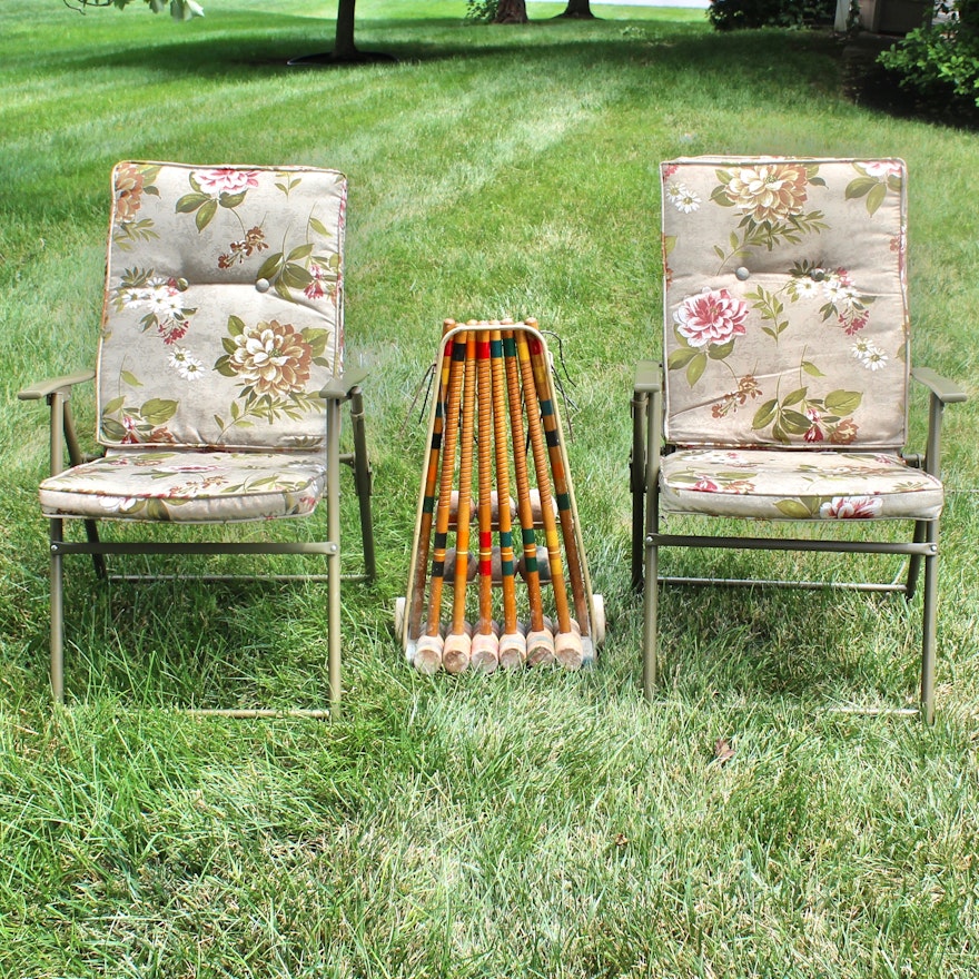 Vintage Wooden Croquet Set and Outdoor Chairs