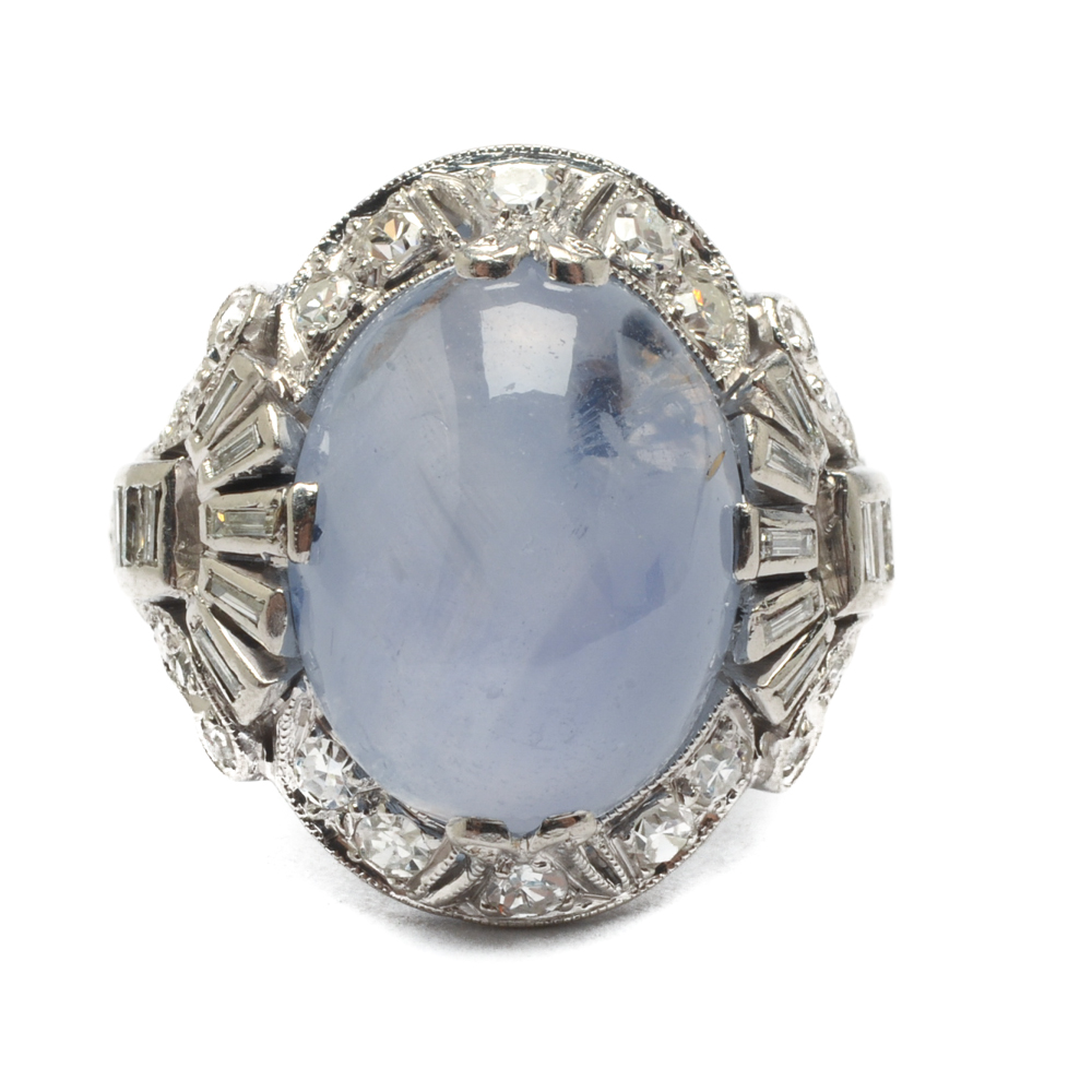 Platinum Natural Star Sapphire and Diamond Ring
