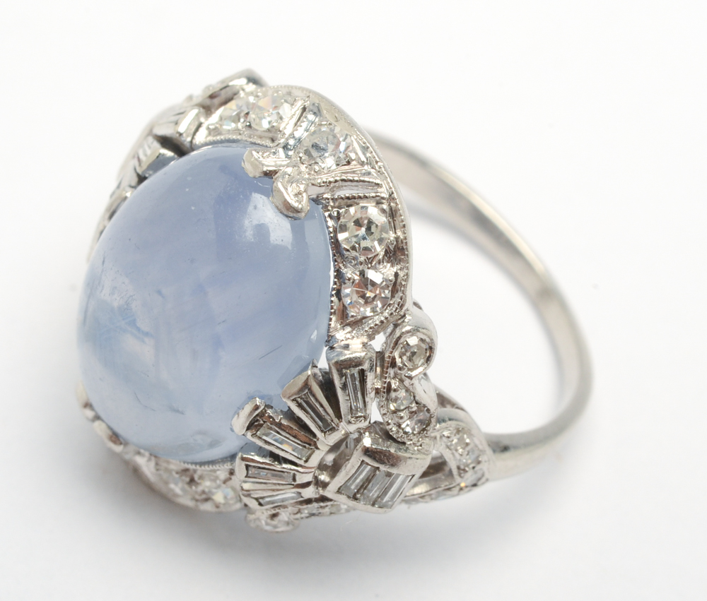 Platinum Natural Star Sapphire and Diamond Ring