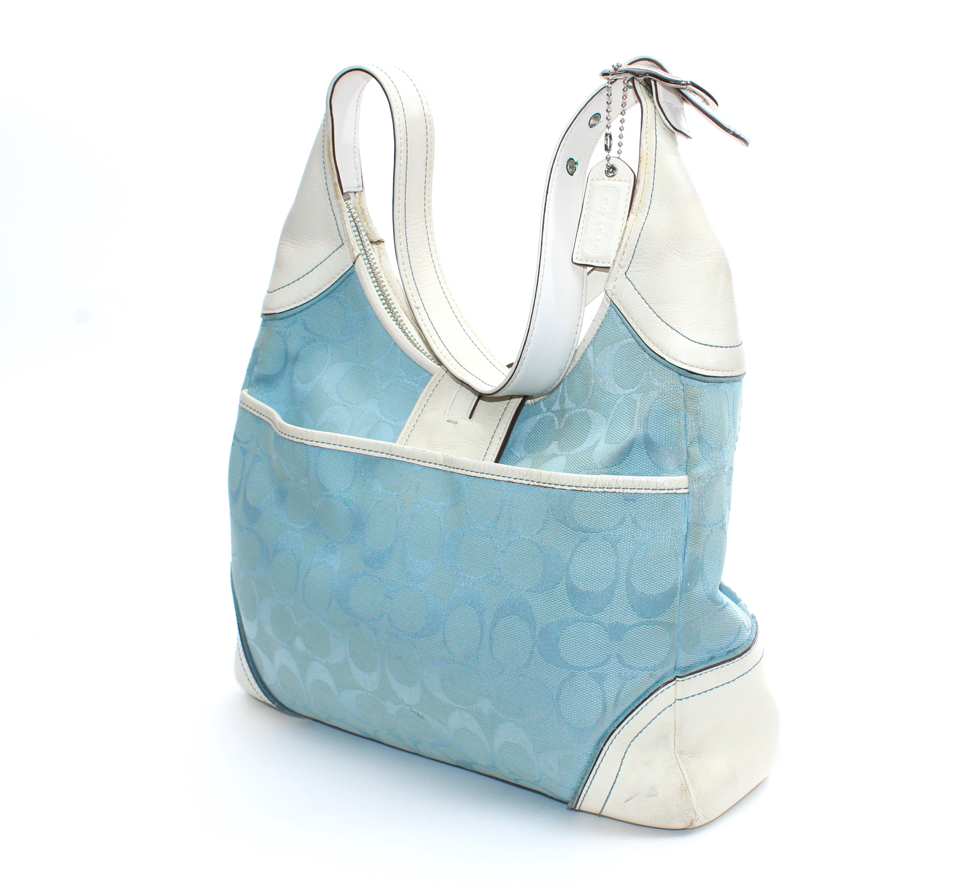 Coach Signature Light Blue Canvas and White Leather Shoulder Bag