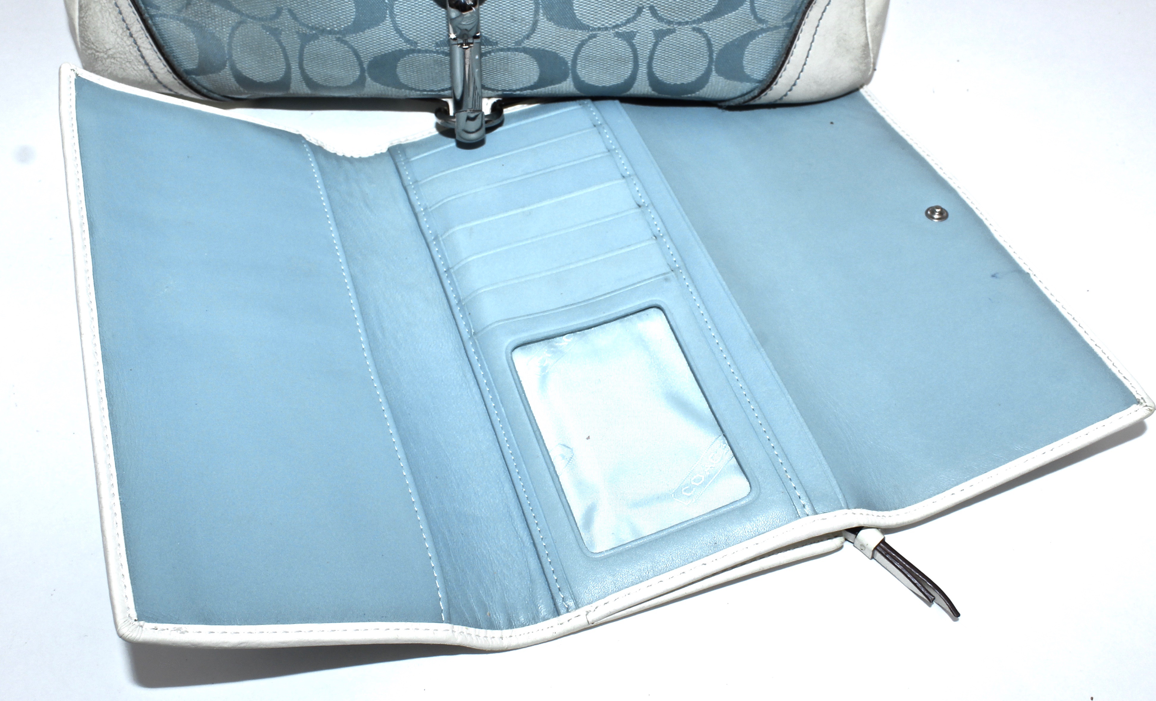 Coach Signature Light Blue Canvas and White Leather Shoulder Bag