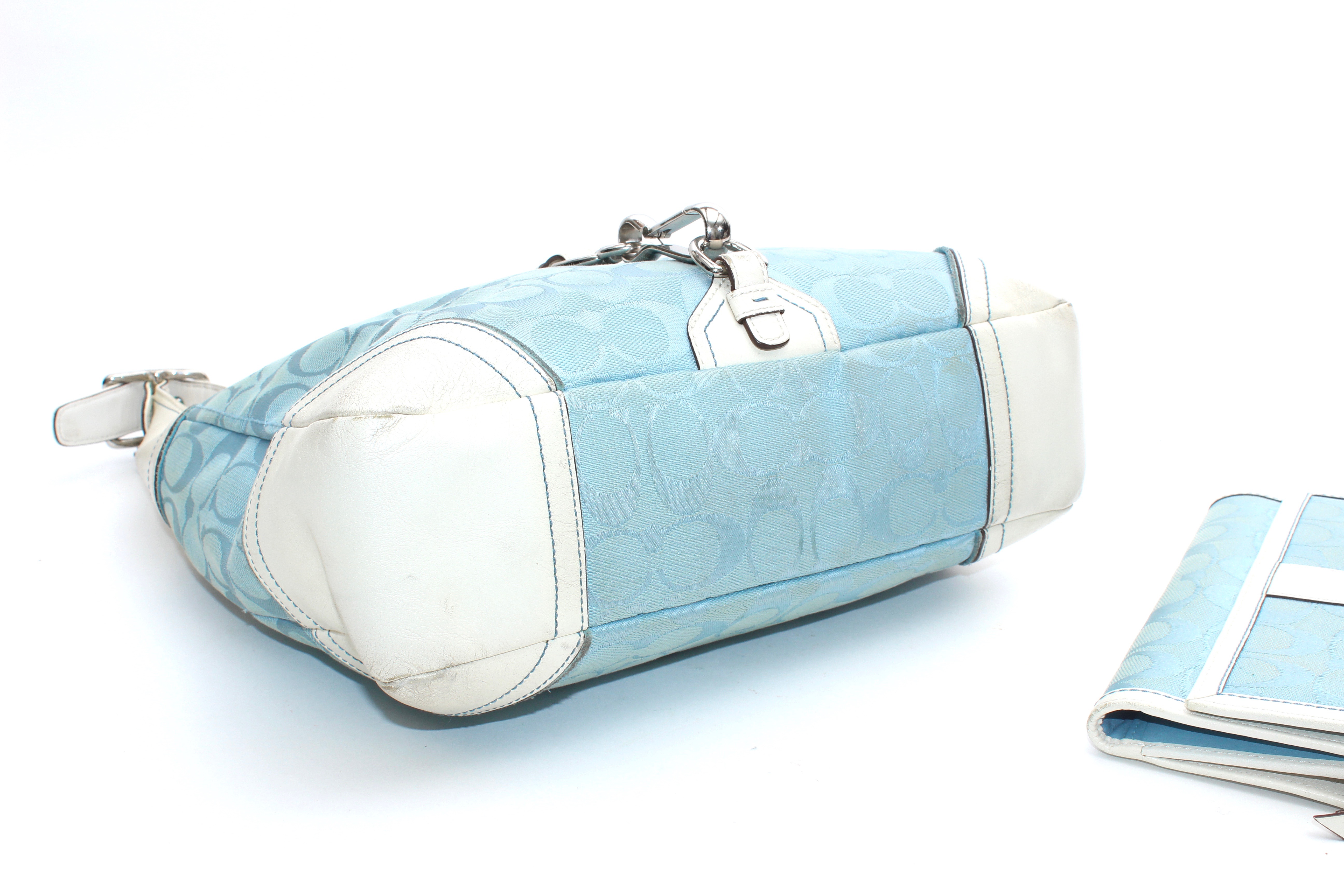 Coach Signature Light Blue Canvas and White Leather Shoulder Bag