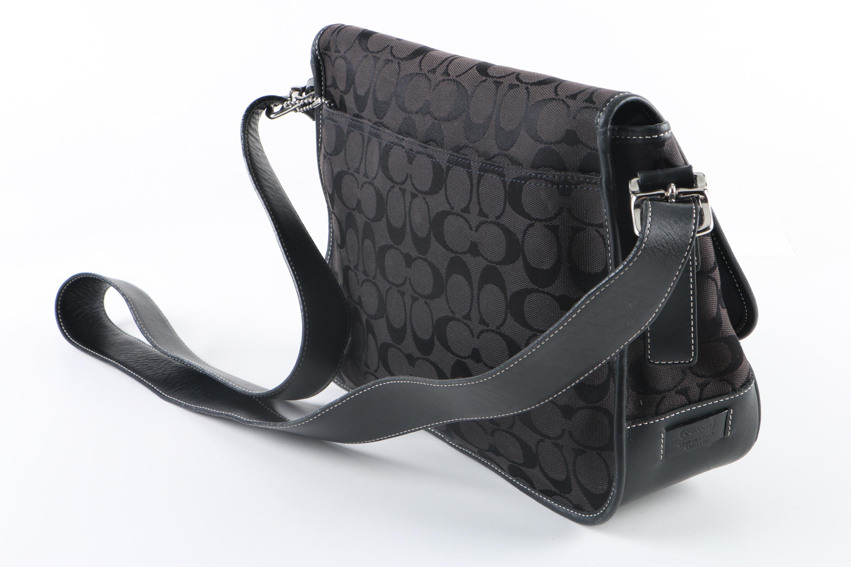 Coach Signature Black Canvas and Leather Saddle Bag