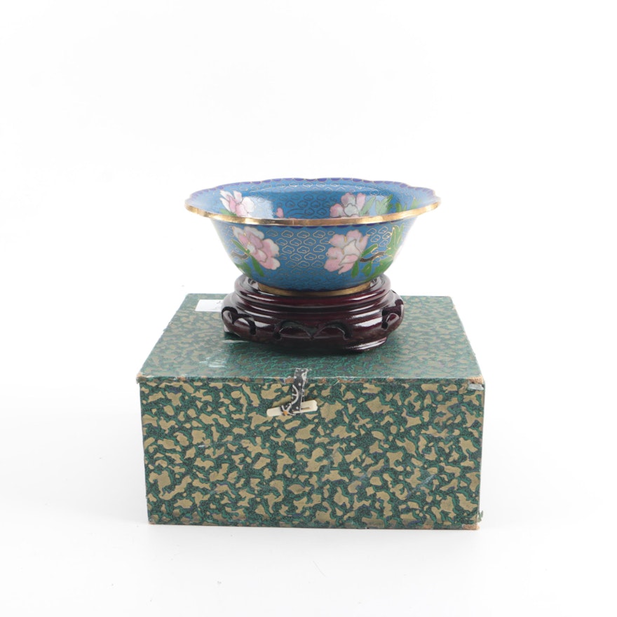Chinese Cloisonné Pink Peony Motif Bowl on Wood Stand