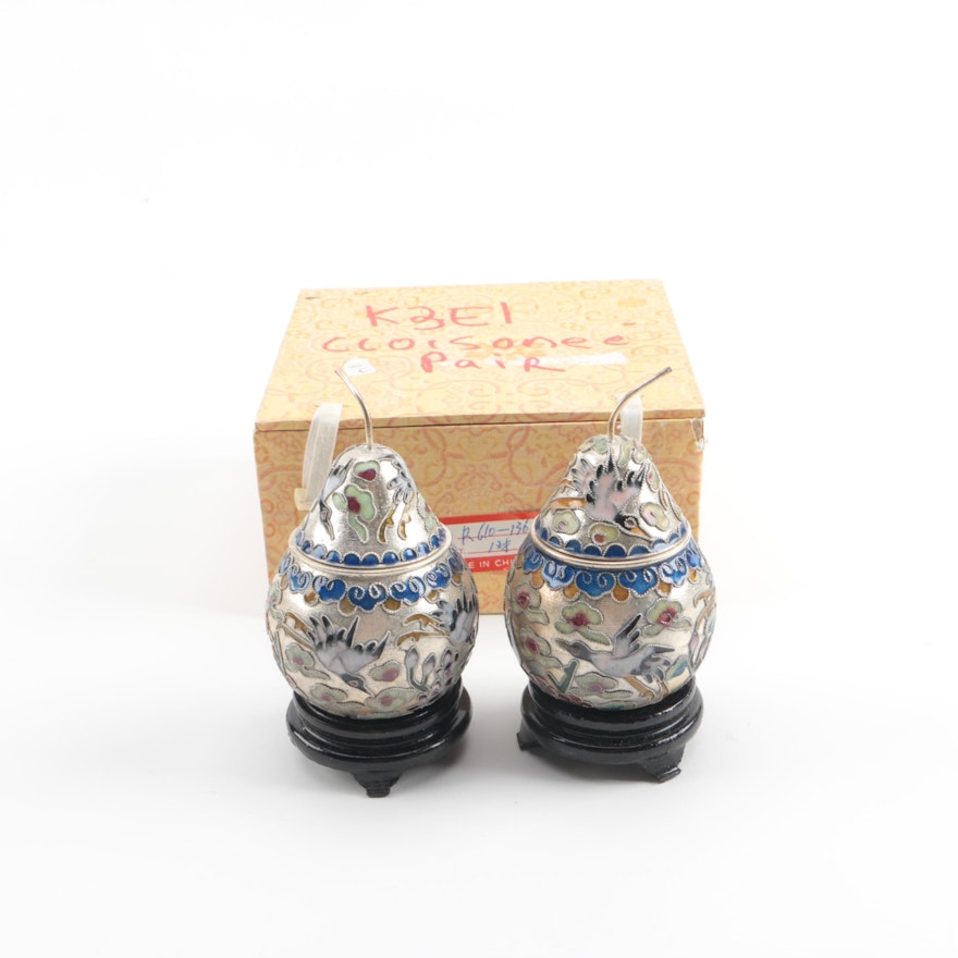 Chinese Cloisonné and Silver Tone Pear Boxes with Stands