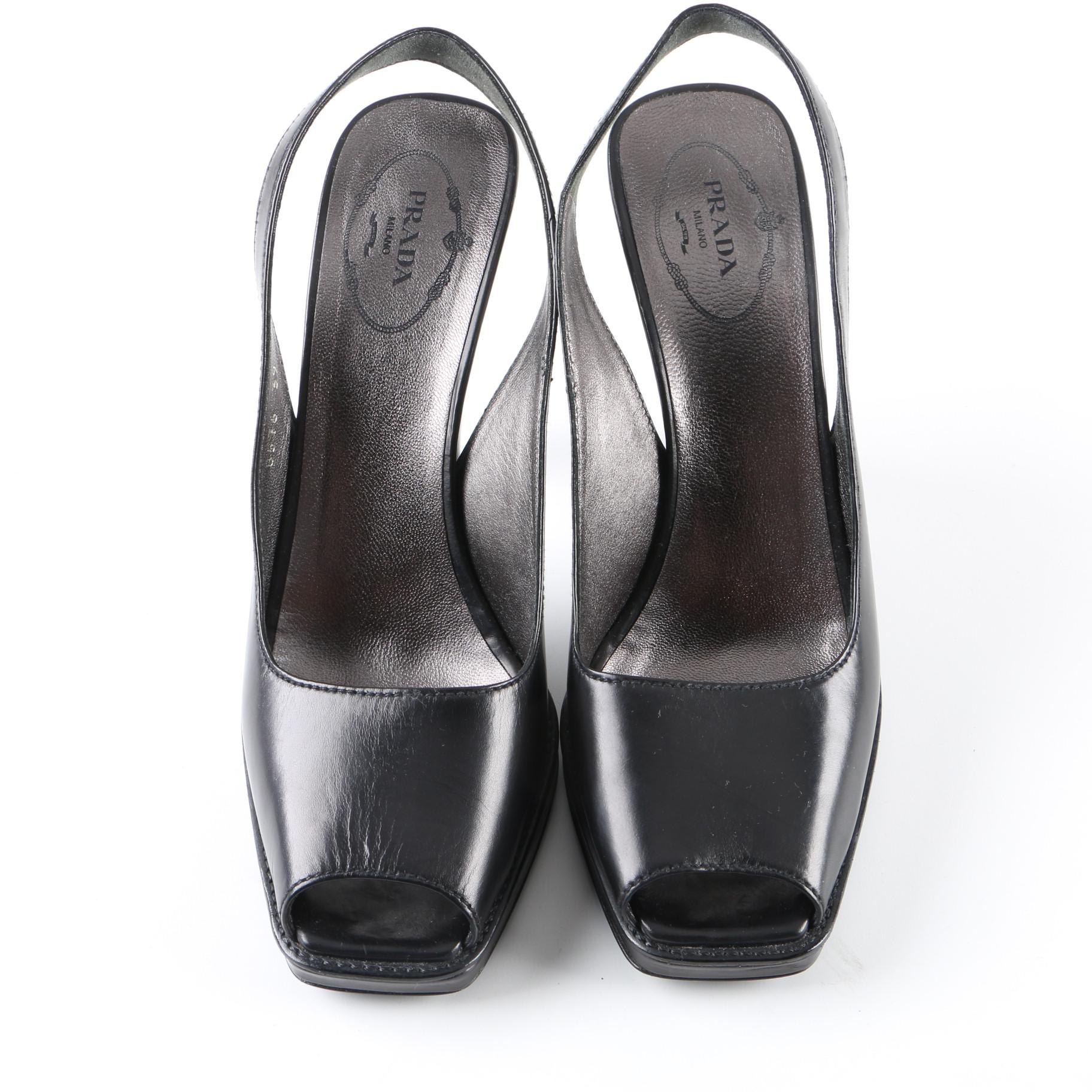 Prada Black Leather Peep-Toe Platform Slingback Heels
