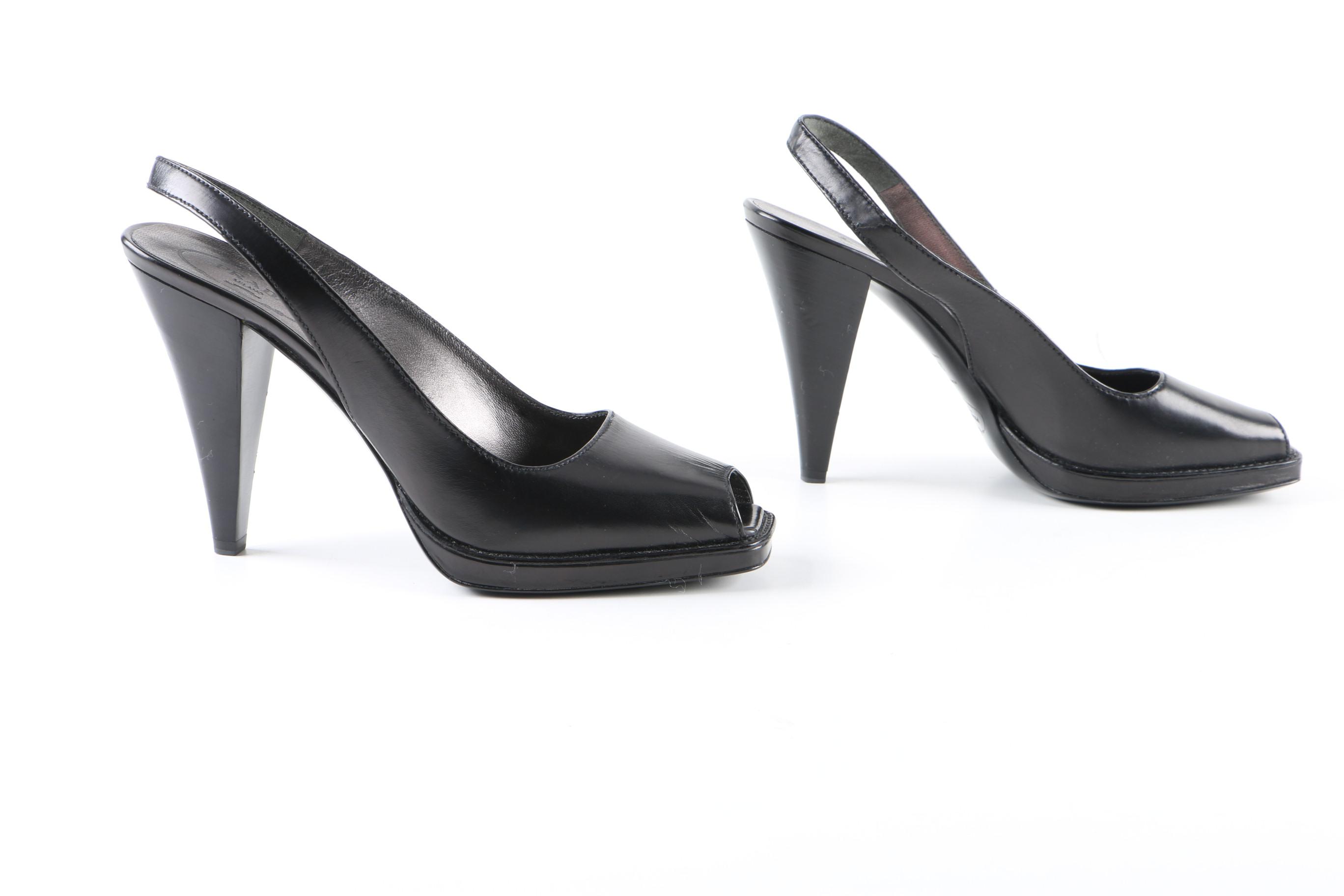 Prada Black Leather Peep-Toe Platform Slingback Heels