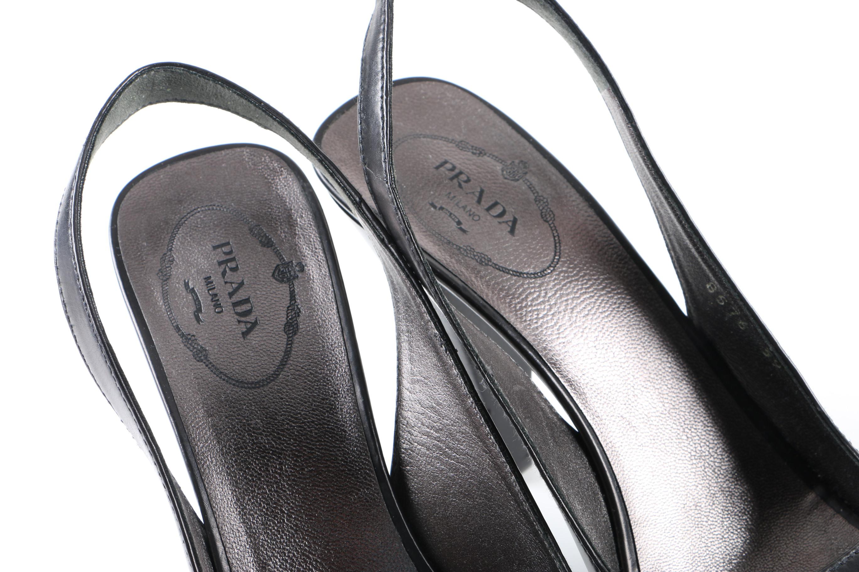 Prada Black Leather Peep-Toe Platform Slingback Heels