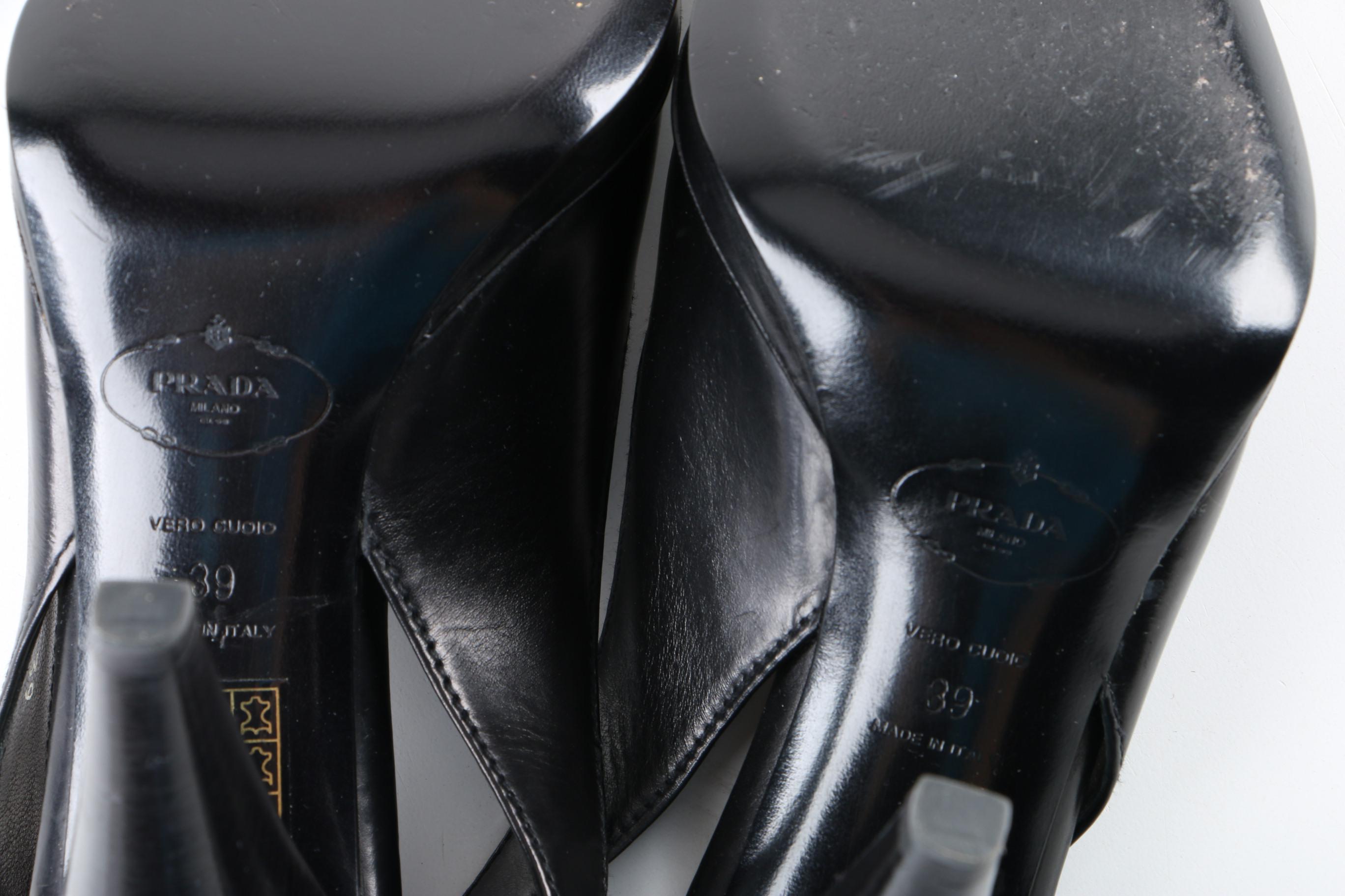 Prada Black Leather Peep-Toe Platform Slingback Heels