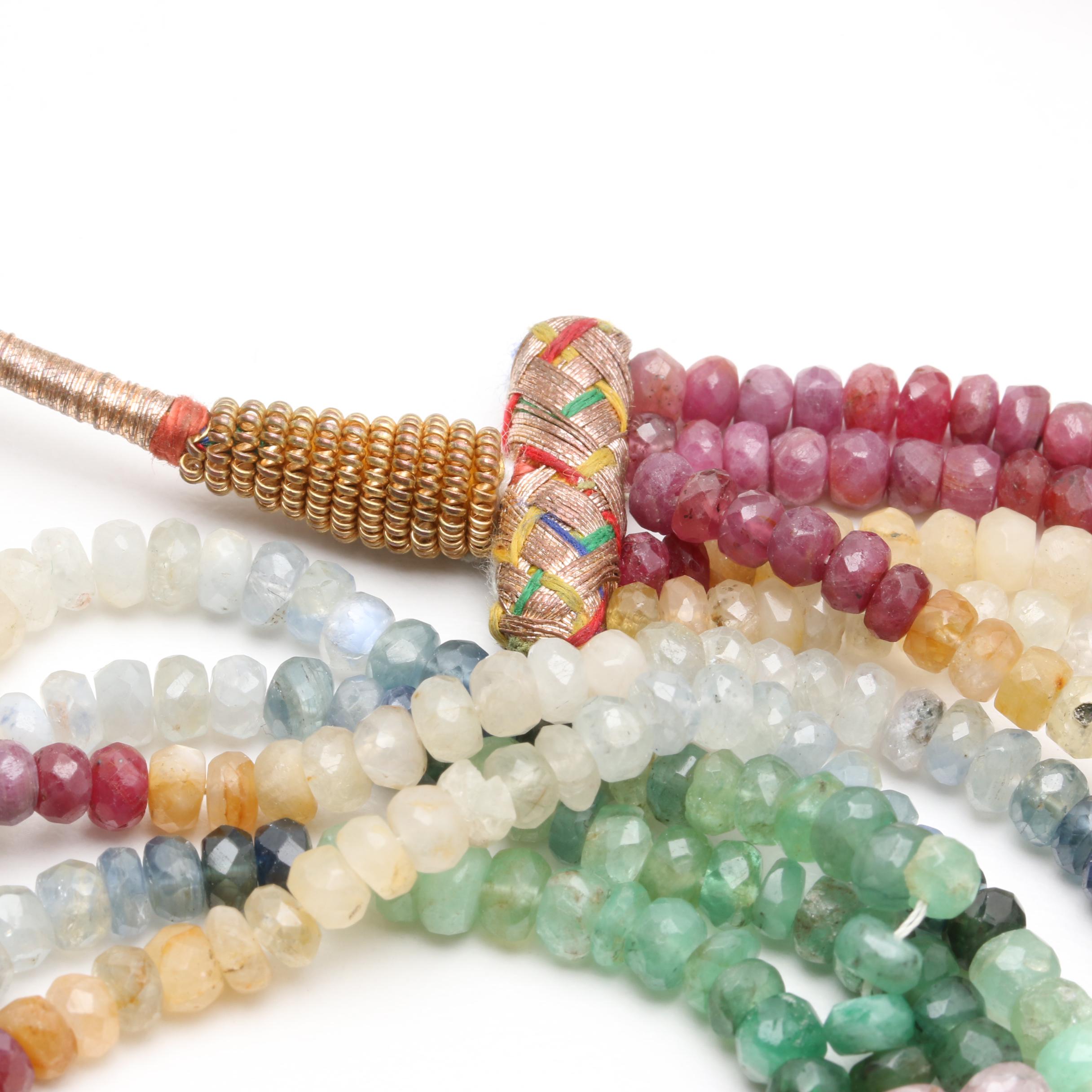 Multi-Strand Emerald, Ruby, and Sapphire Adjustable Necklace