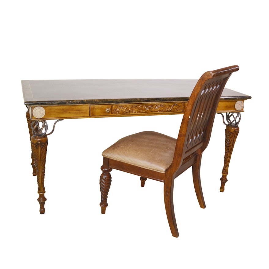 Granite and Carved Wood Desk and Bernhardt "Belmont" Chair