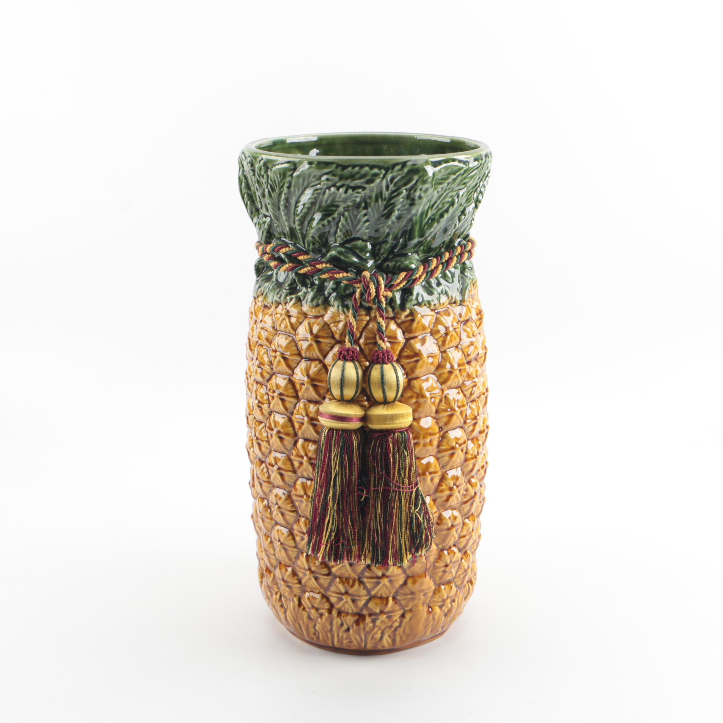 Majolica Style Portuguese Pineapple Motif Ceramic Umbrella Stand