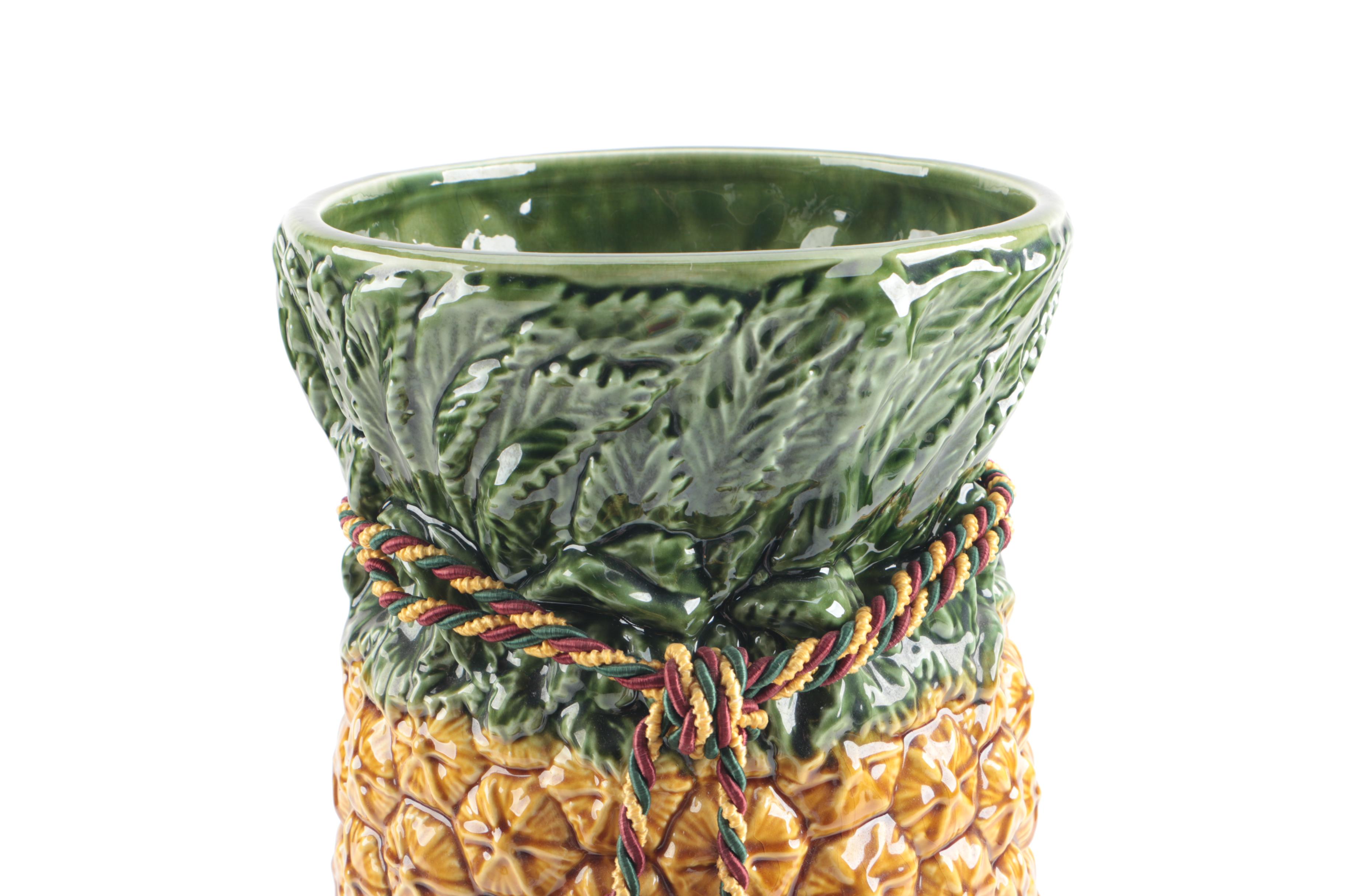 Majolica Style Portuguese Pineapple Motif Ceramic Umbrella Stand