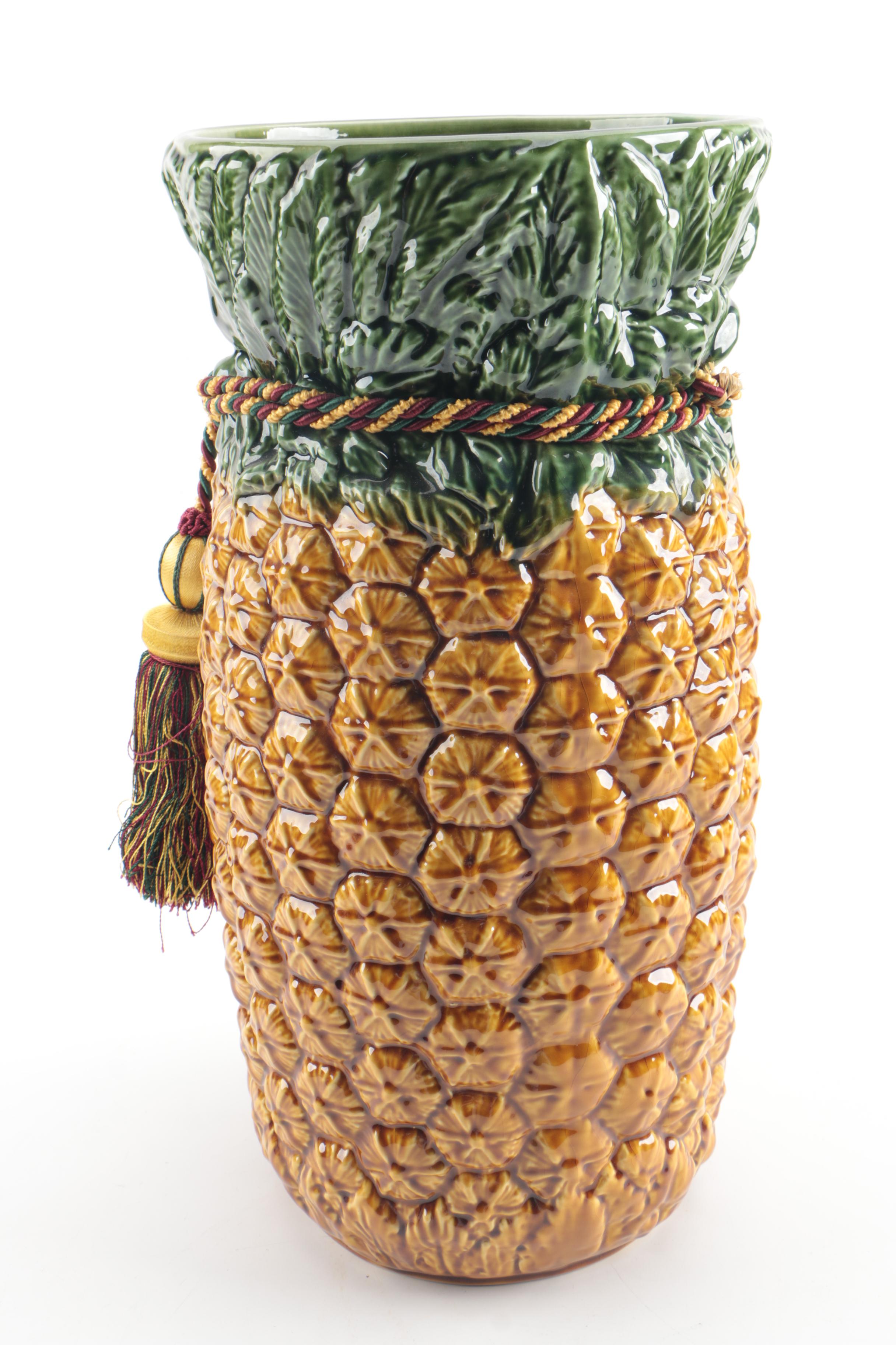 Majolica Style Portuguese Pineapple Motif Ceramic Umbrella Stand