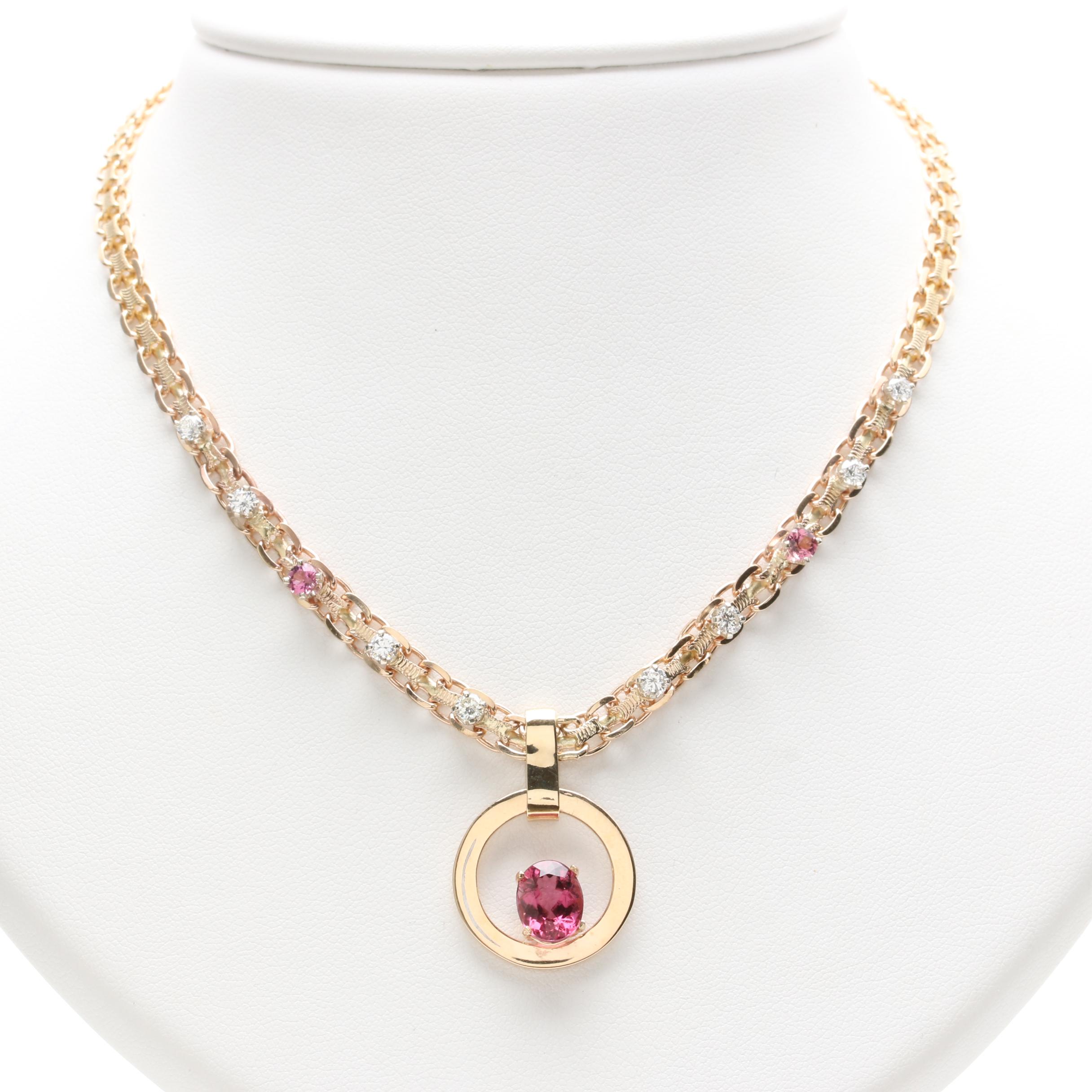 14K Yellow Gold Pink Tourmaline and Diamond Pendant Necklace