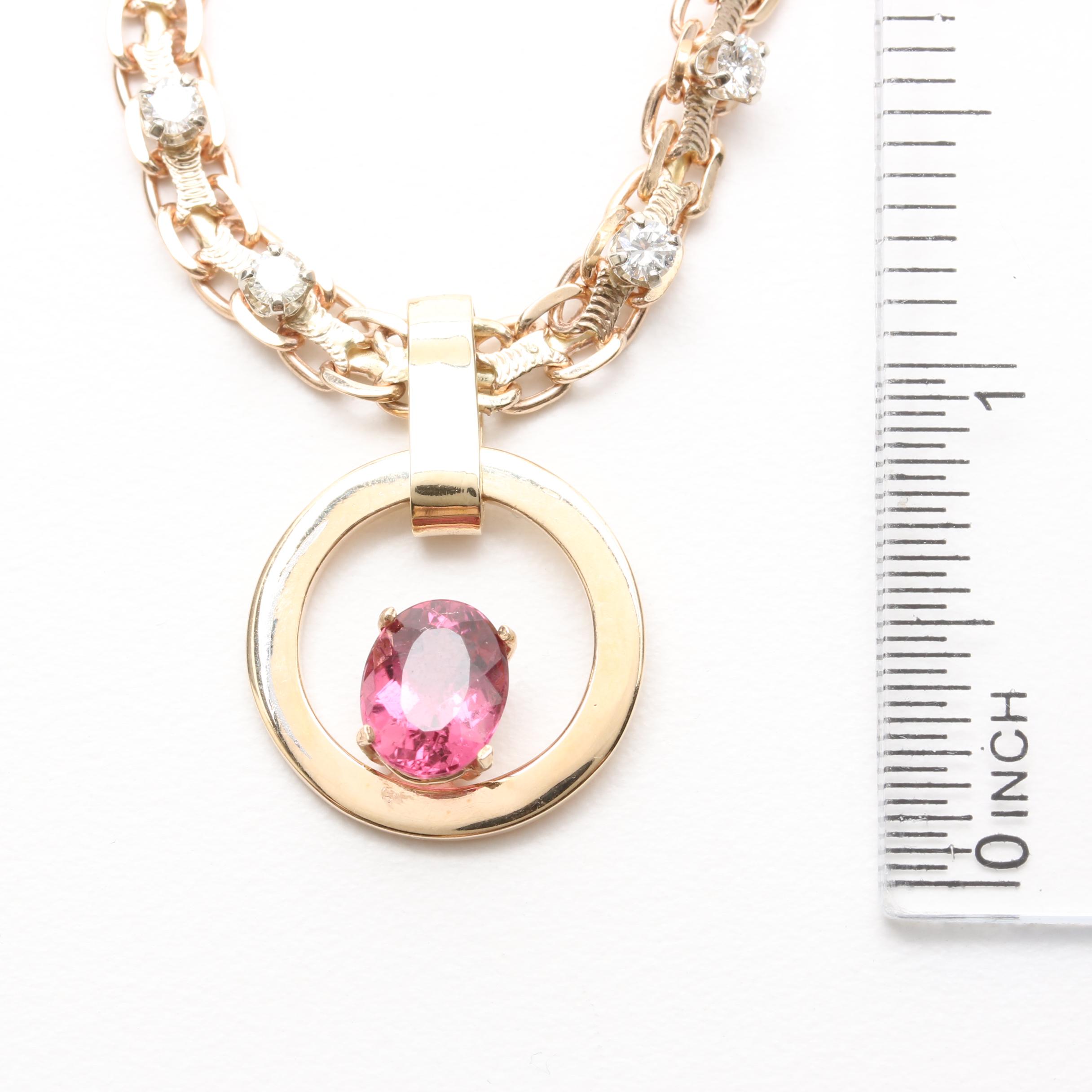 14K Yellow Gold Pink Tourmaline and Diamond Pendant Necklace