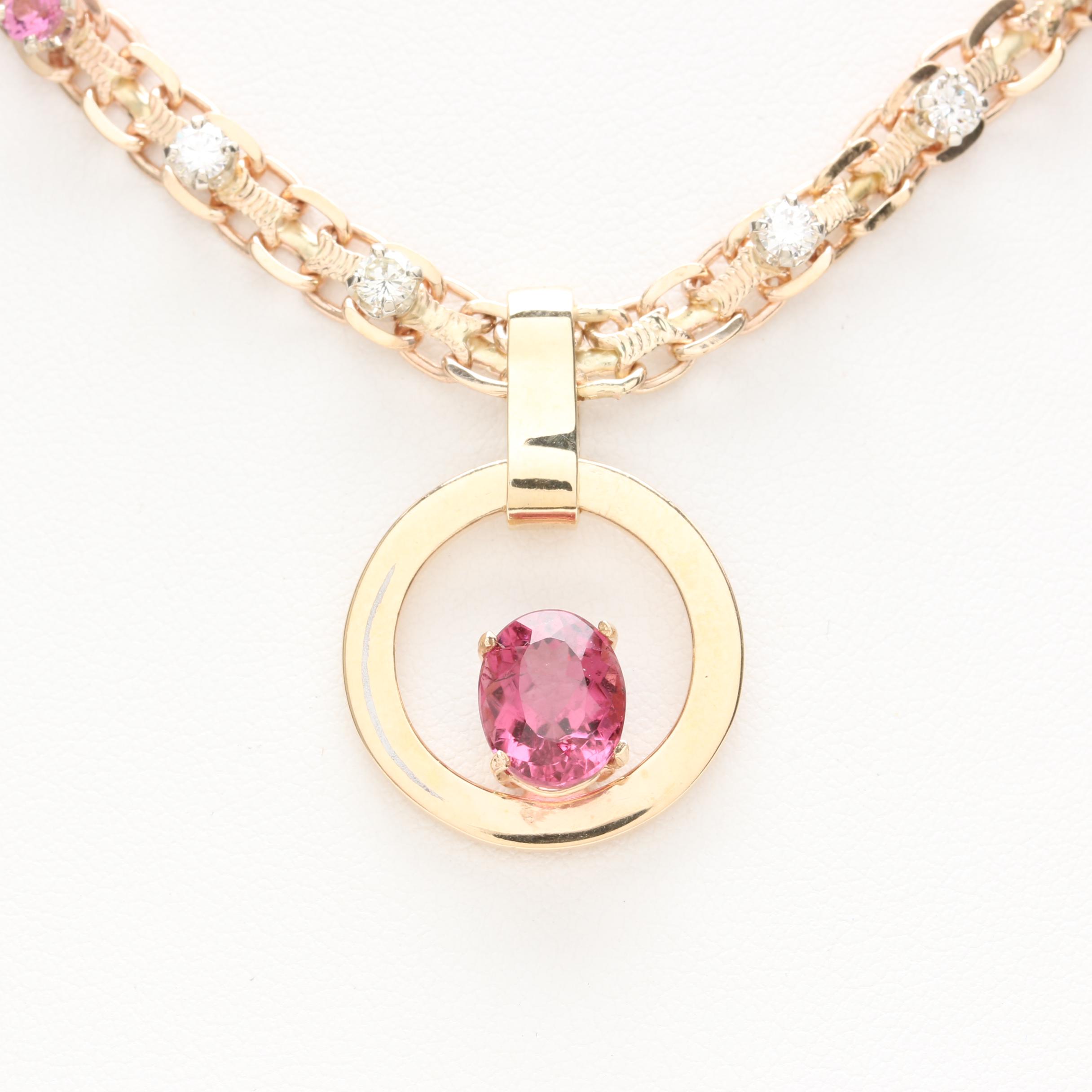 14K Yellow Gold Pink Tourmaline and Diamond Pendant Necklace
