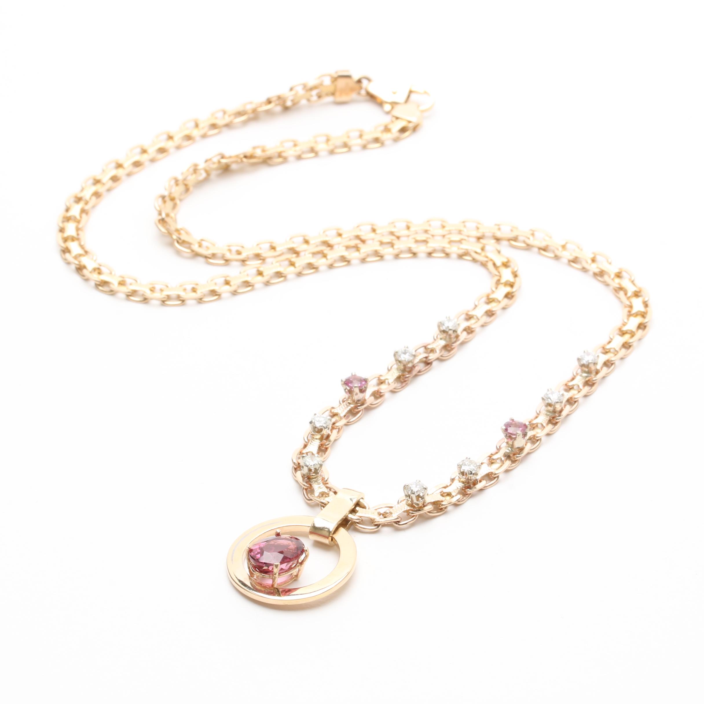 14K Yellow Gold Pink Tourmaline and Diamond Pendant Necklace
