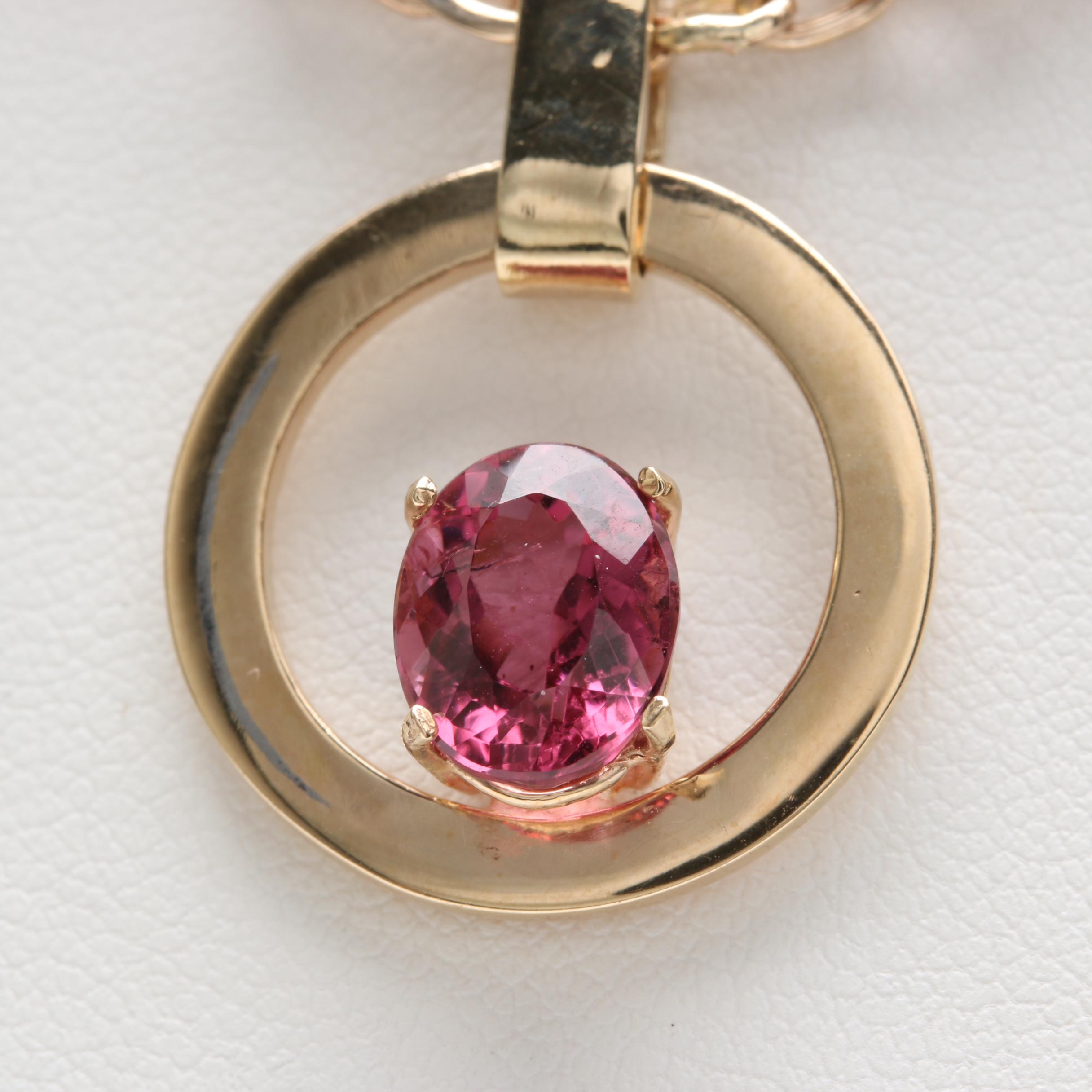 14K Yellow Gold Pink Tourmaline and Diamond Pendant Necklace