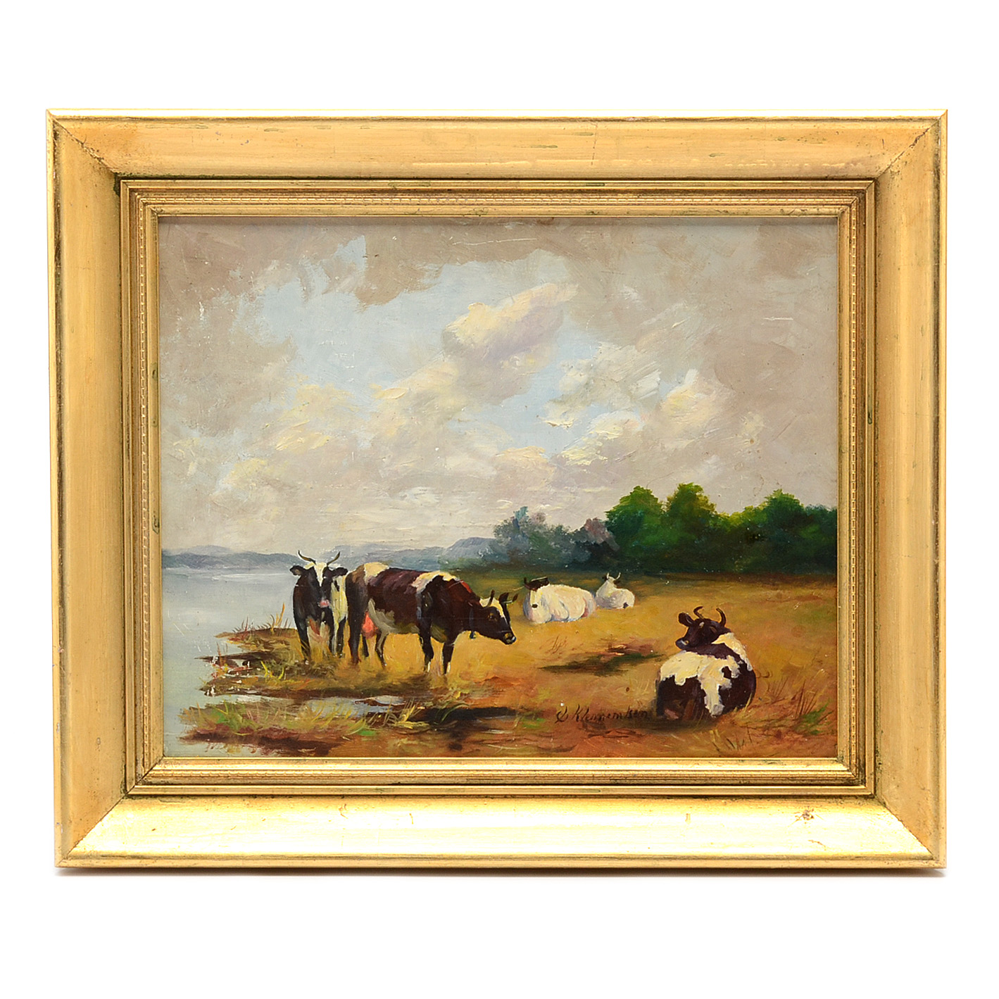 Signed Oil Painting on Board of Pastoral Scene with Cows