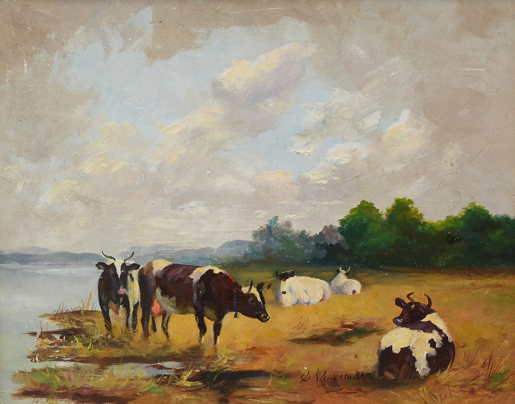 Signed Oil Painting on Board of Pastoral Scene with Cows