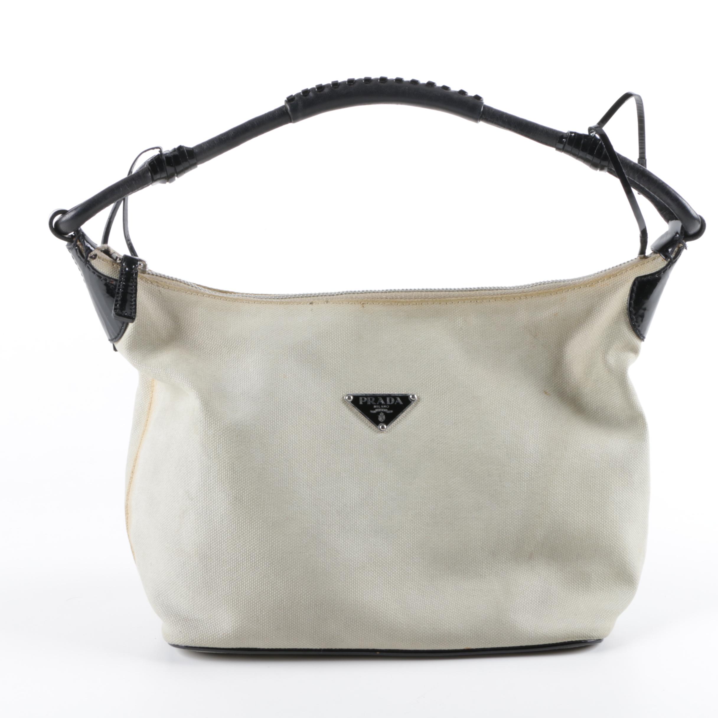Prada Beige Canvas and Black Leather Handbag