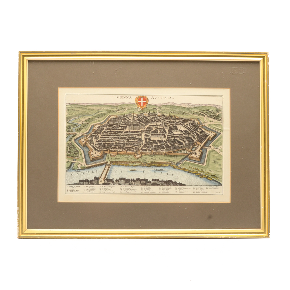 Hand-colored Lithograph after Matthaus Merian the Elder Engraving of Vienna