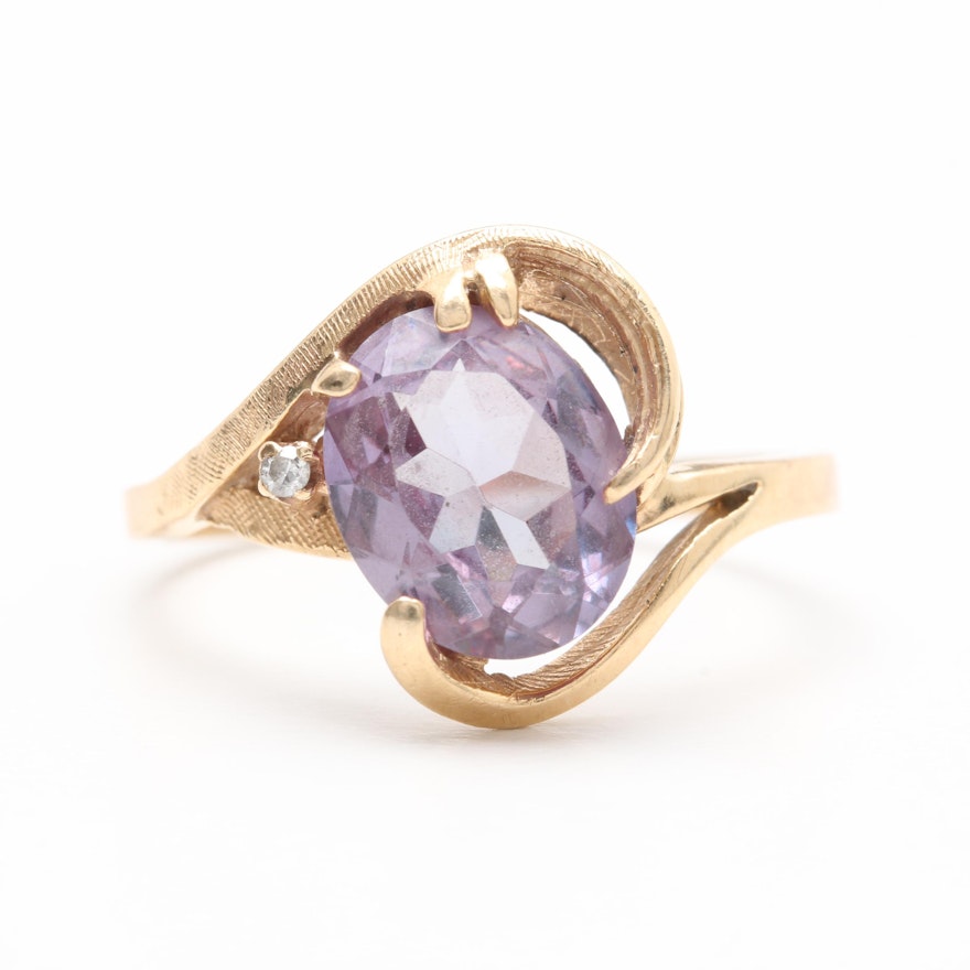 14K Yellow Gold Synthetic Color Change Sapphire and Diamond Ring