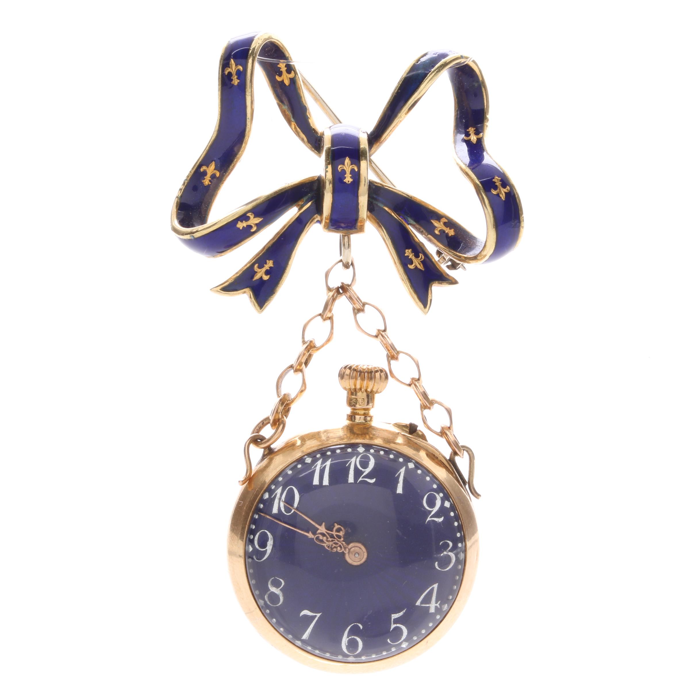 18K Yellow Gold Enameled Bow Pin Watch