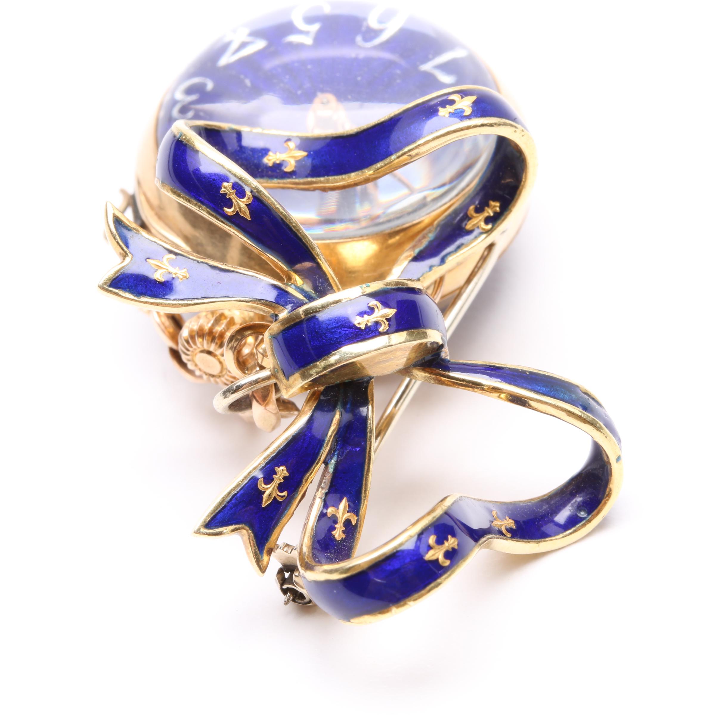 18K Yellow Gold Enameled Bow Pin Watch