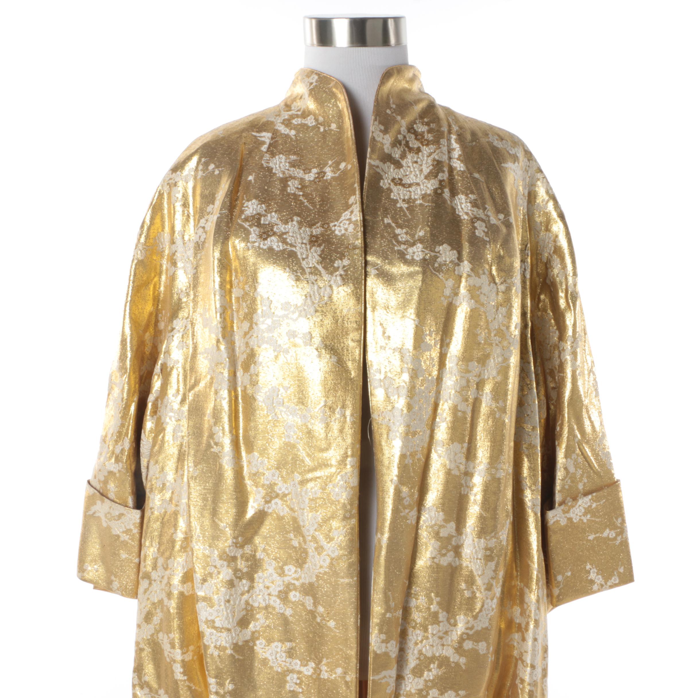 Circa 1960s Vintage Gold Lamé Woven Coat with White Plum Blossoms