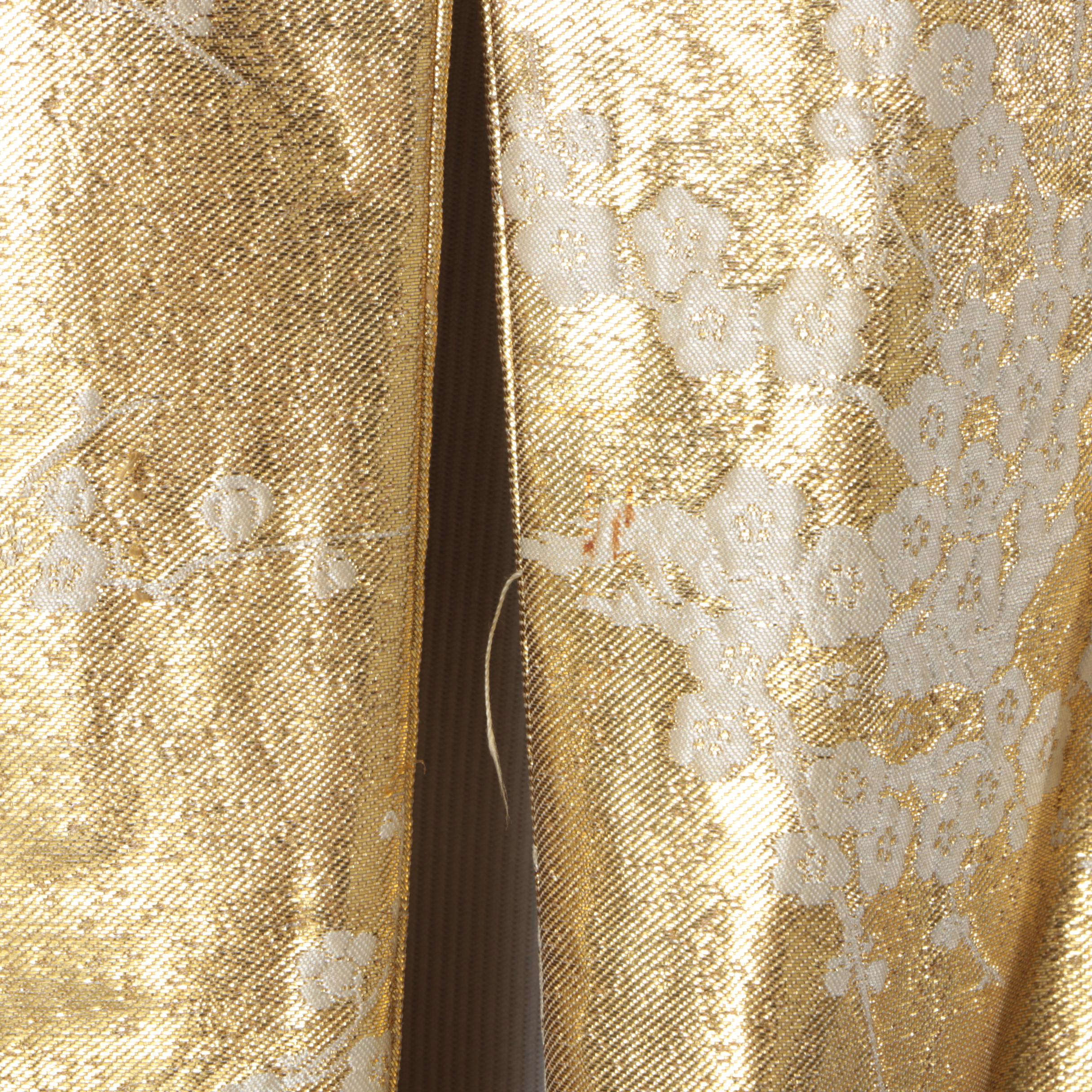 Circa 1960s Vintage Gold Lamé Woven Coat with White Plum Blossoms