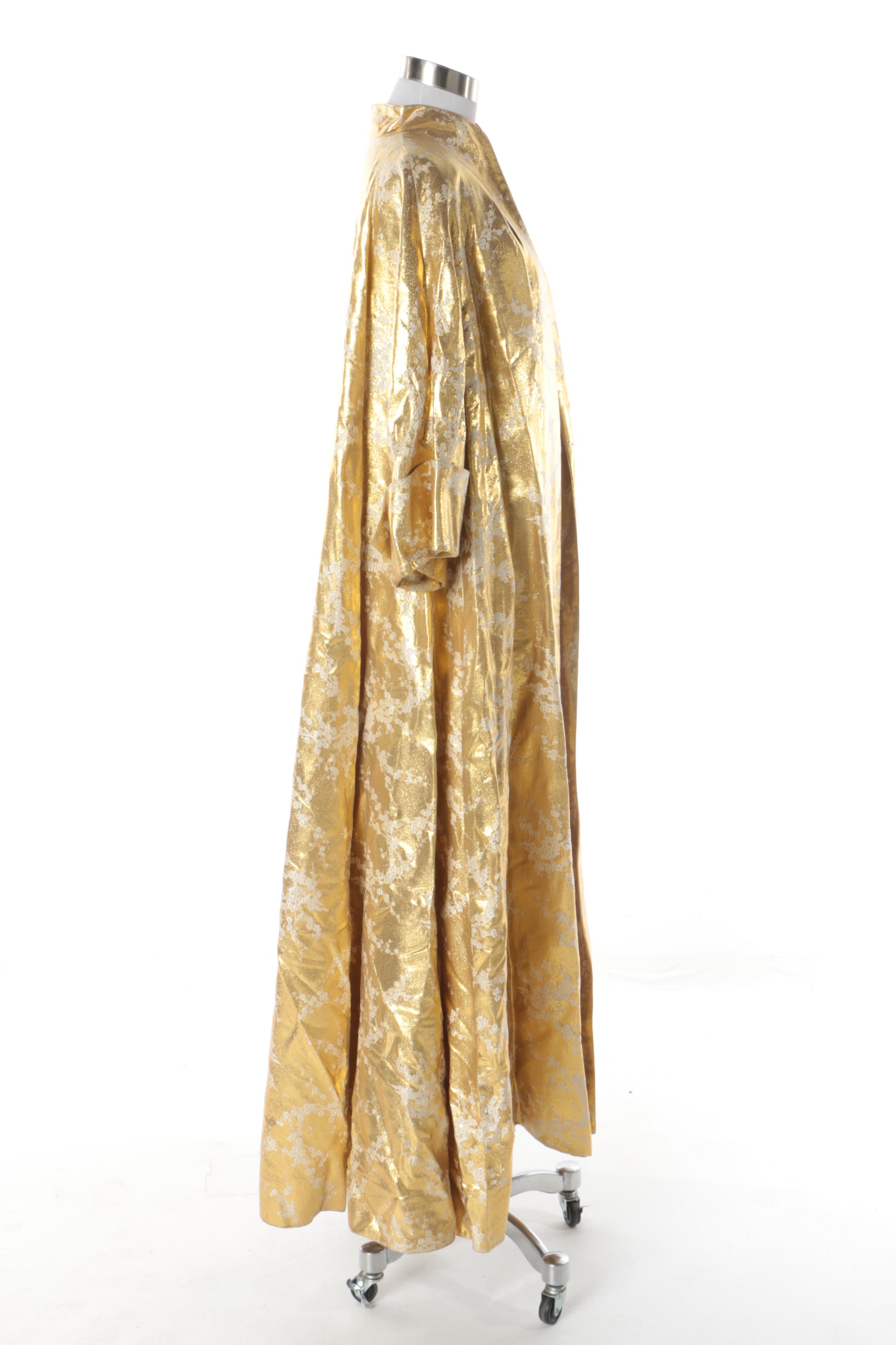 Circa 1960s Vintage Gold Lamé Woven Coat with White Plum Blossoms