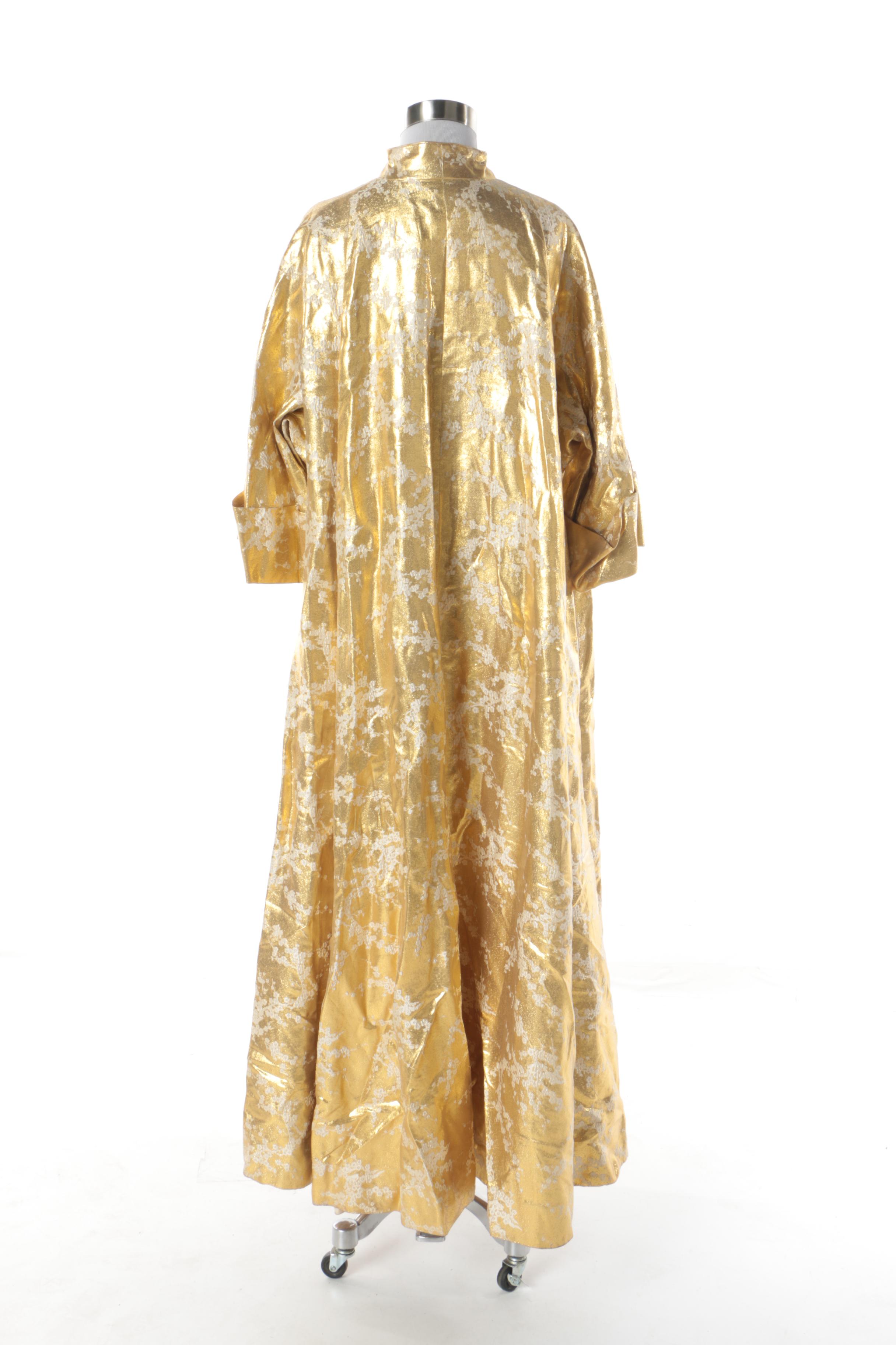 Circa 1960s Vintage Gold Lamé Woven Coat with White Plum Blossoms