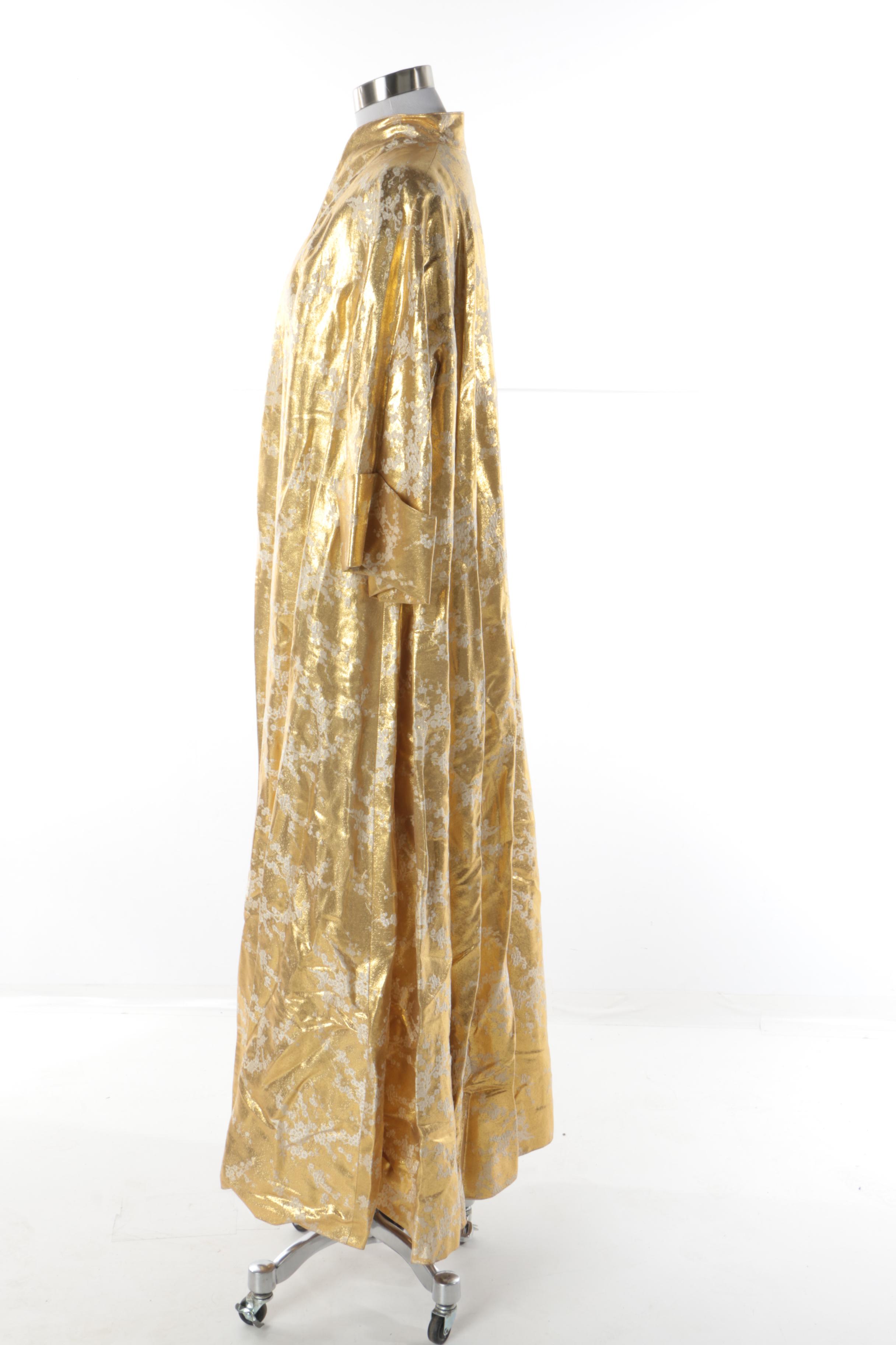 Circa 1960s Vintage Gold Lamé Woven Coat with White Plum Blossoms