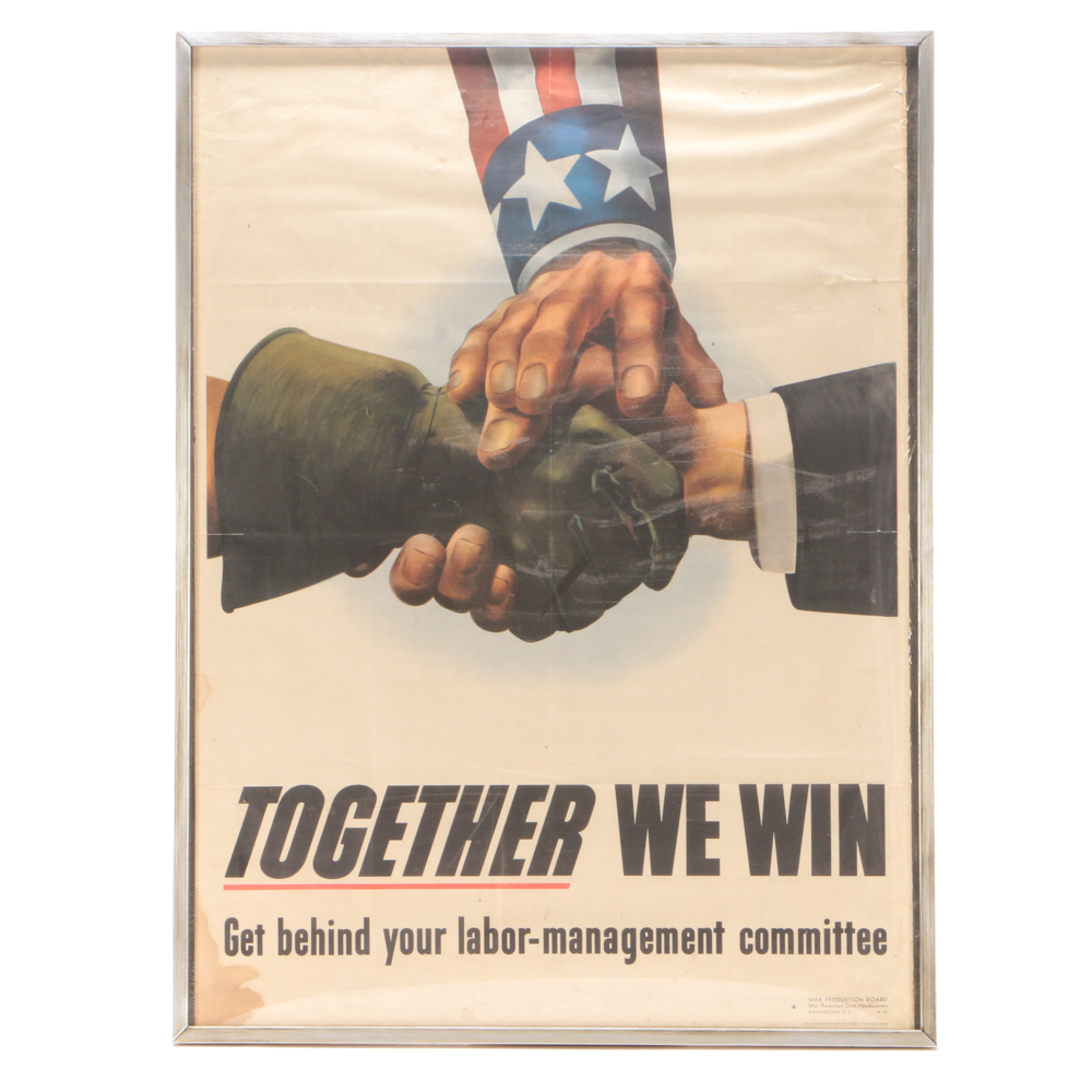 Original 1943 World War II Propaganda Poster "Together We Win"