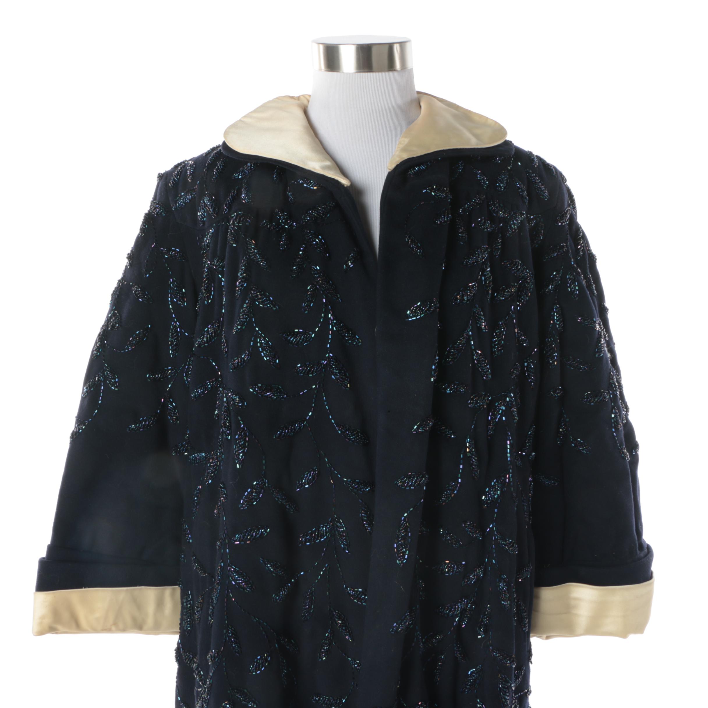 Women's Circa 1960s Beaded Black Wool and Ivory Satin Swing Coat