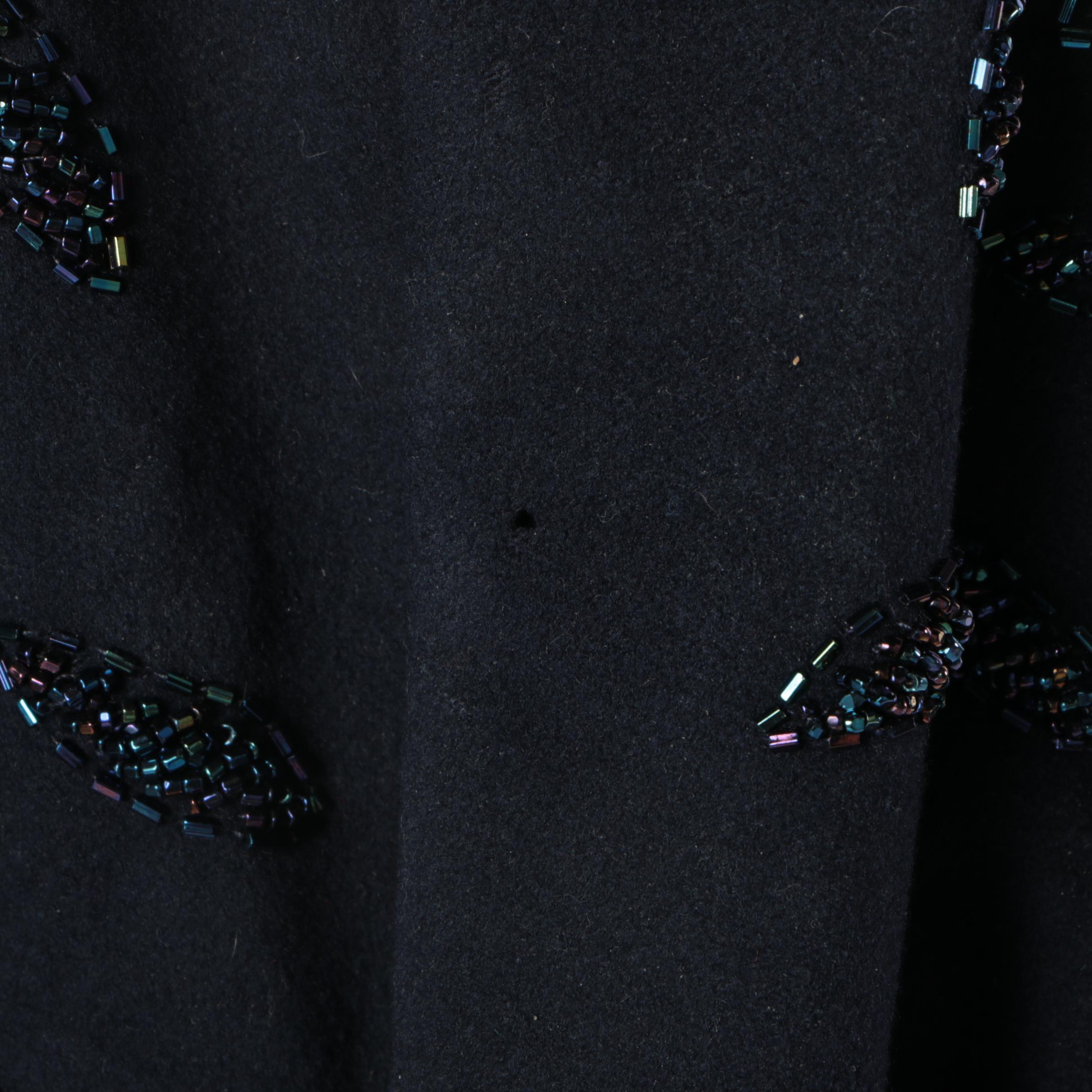 Women's Circa 1960s Beaded Black Wool and Ivory Satin Swing Coat