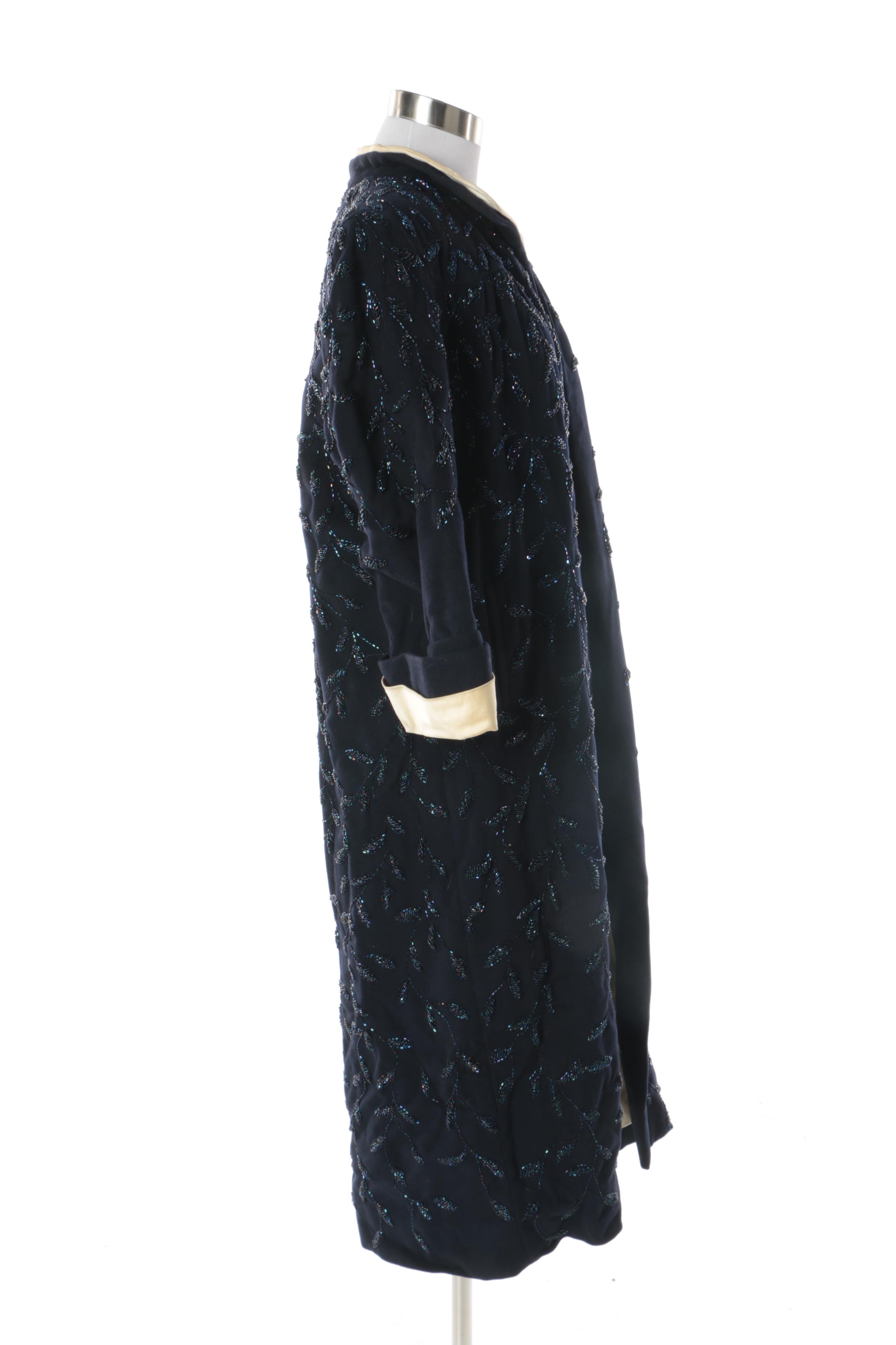 Women's Circa 1960s Beaded Black Wool and Ivory Satin Swing Coat