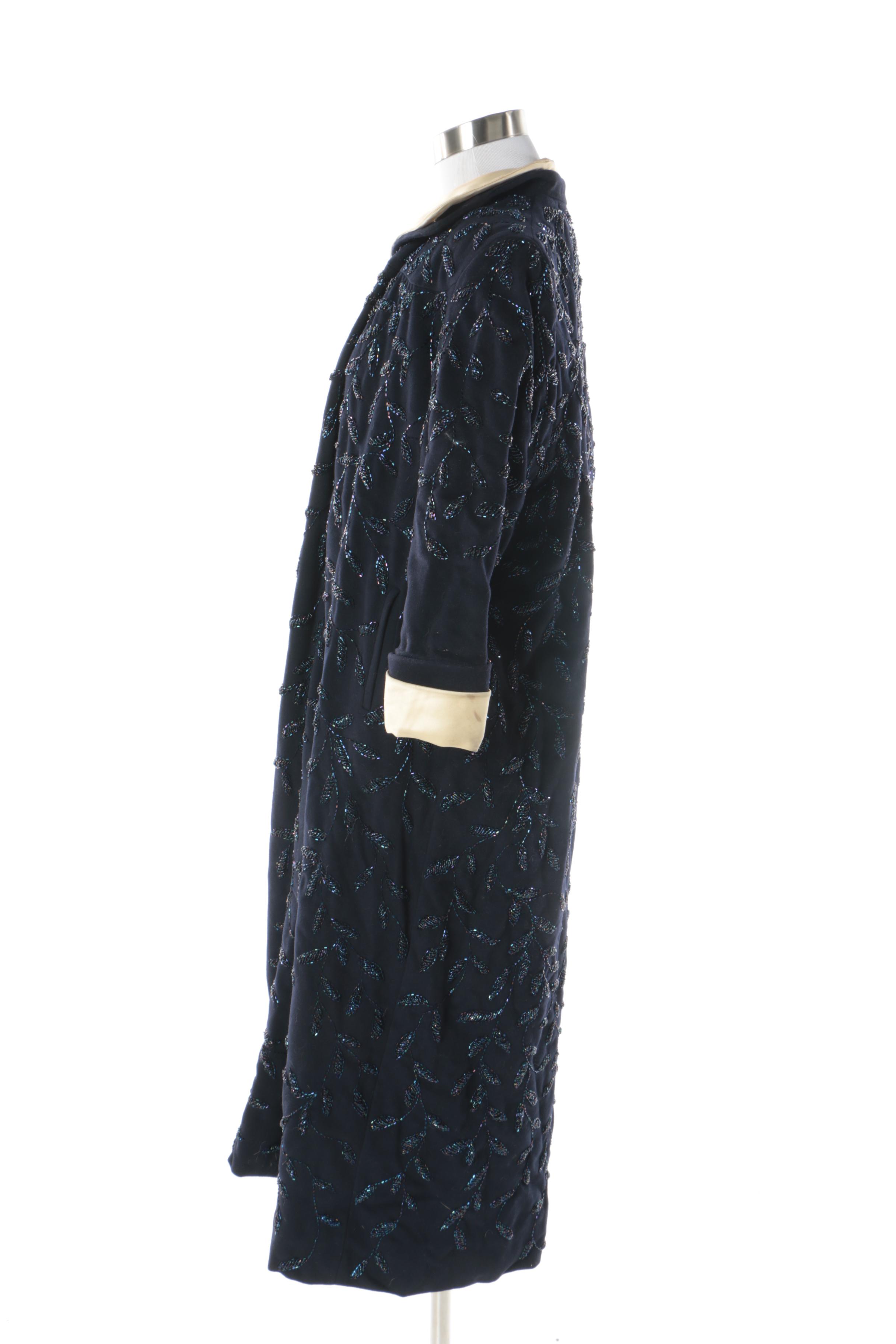 Women's Circa 1960s Beaded Black Wool and Ivory Satin Swing Coat