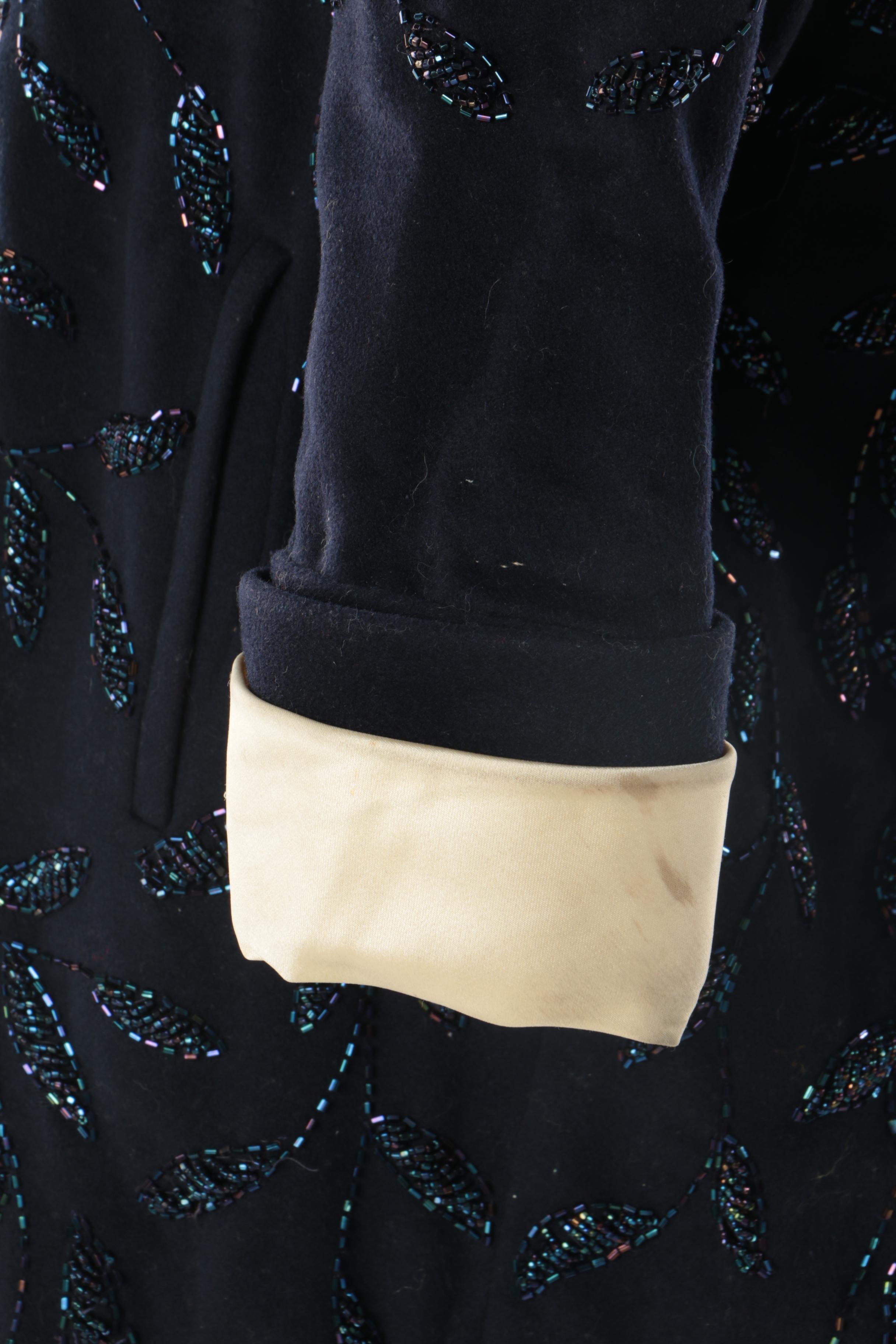 Women's Circa 1960s Beaded Black Wool and Ivory Satin Swing Coat