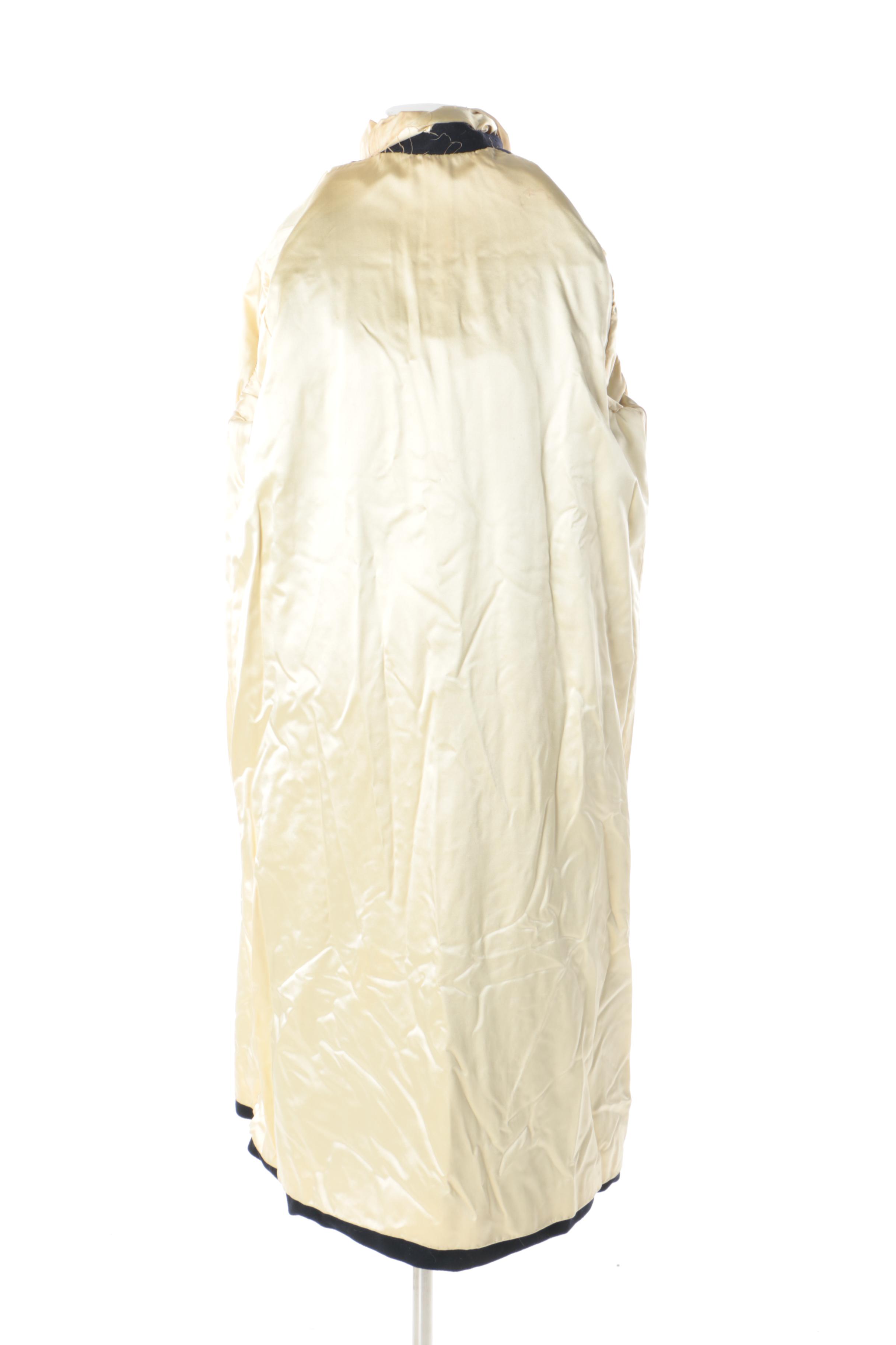 Women's Circa 1960s Beaded Black Wool and Ivory Satin Swing Coat