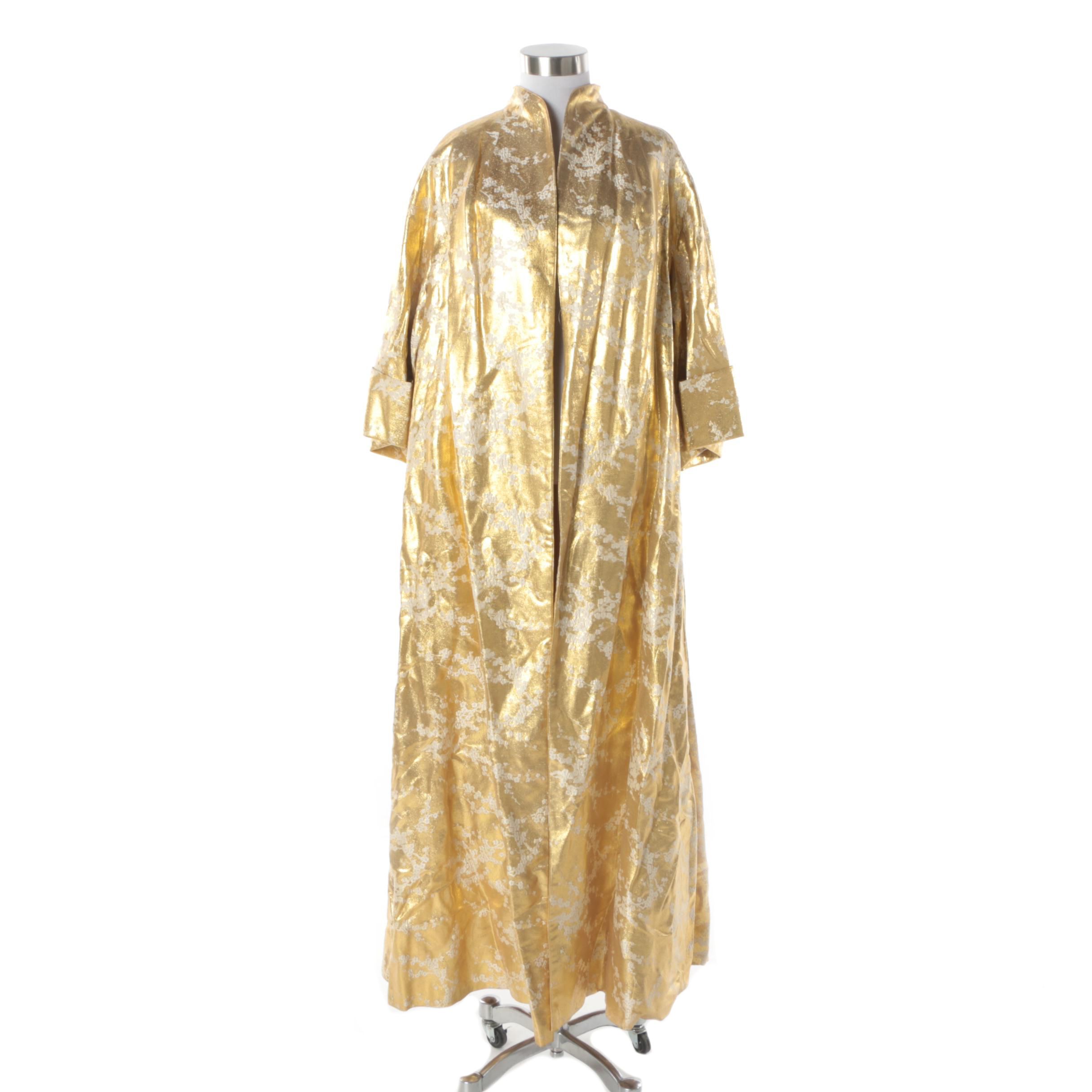 Circa 1960s Vintage Gold Lamé Woven Coat with White Plum Blossoms