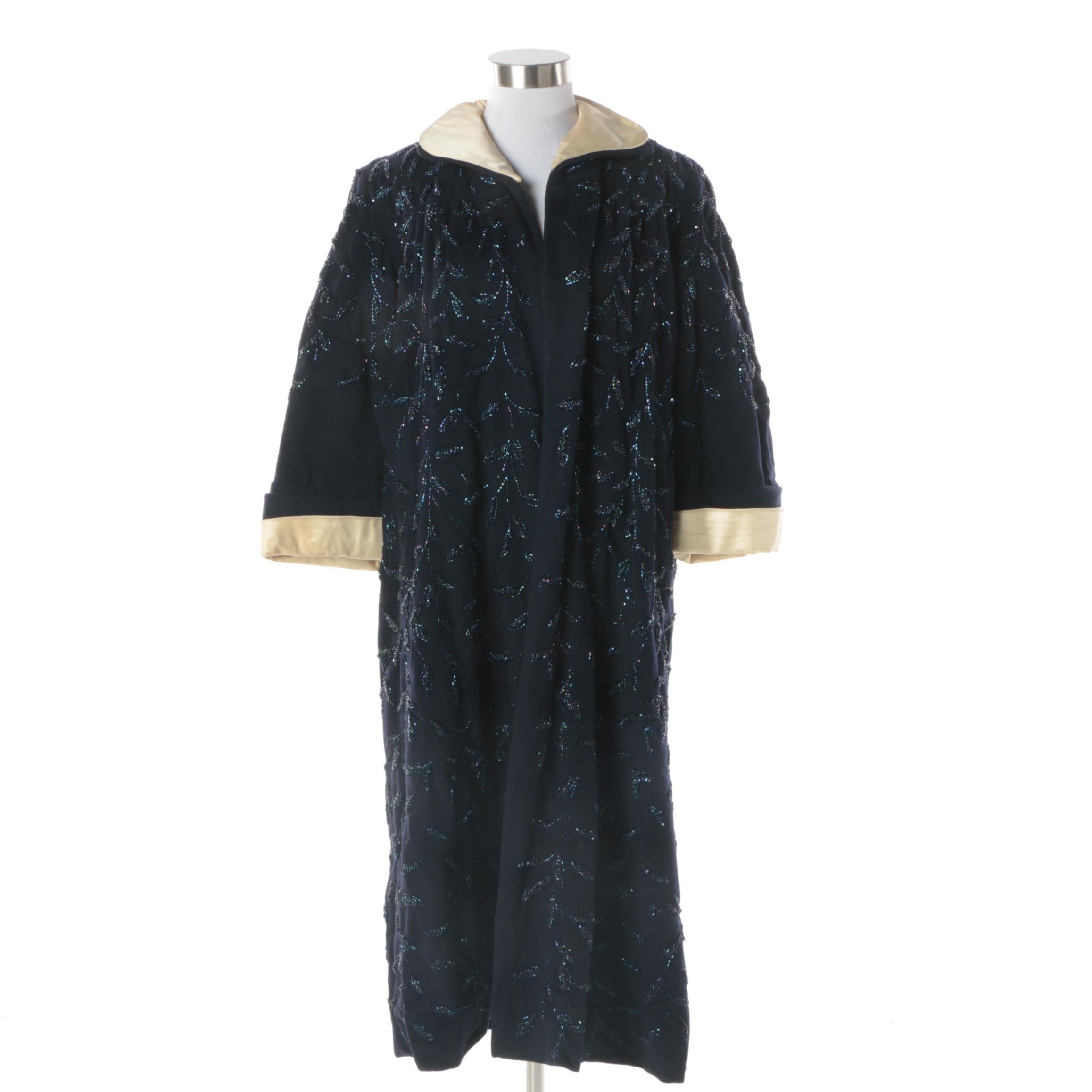 Women's Circa 1960s Beaded Black Wool and Ivory Satin Swing Coat