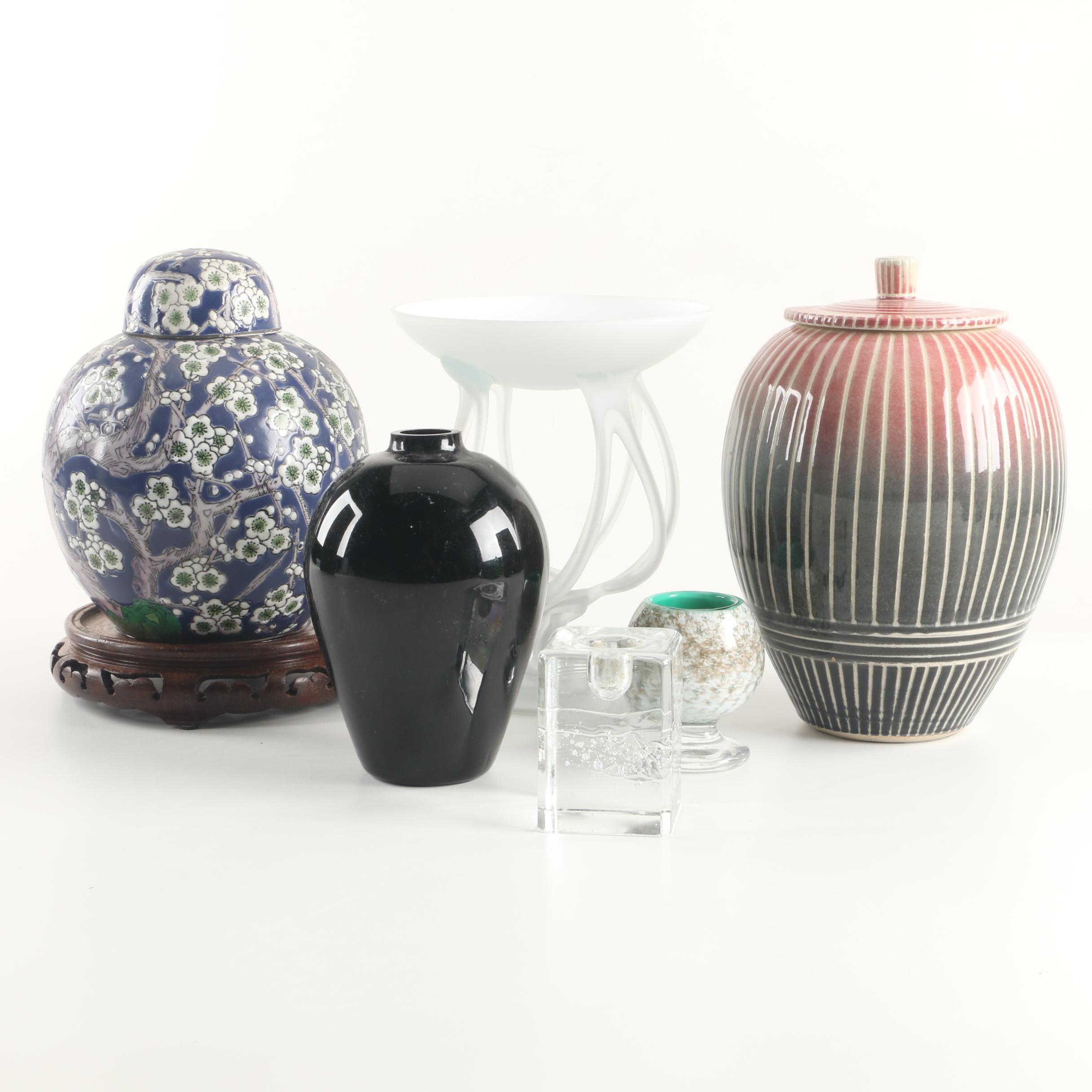 Table Decor Including Ginger Jar with Stand and Blown Glass Vase