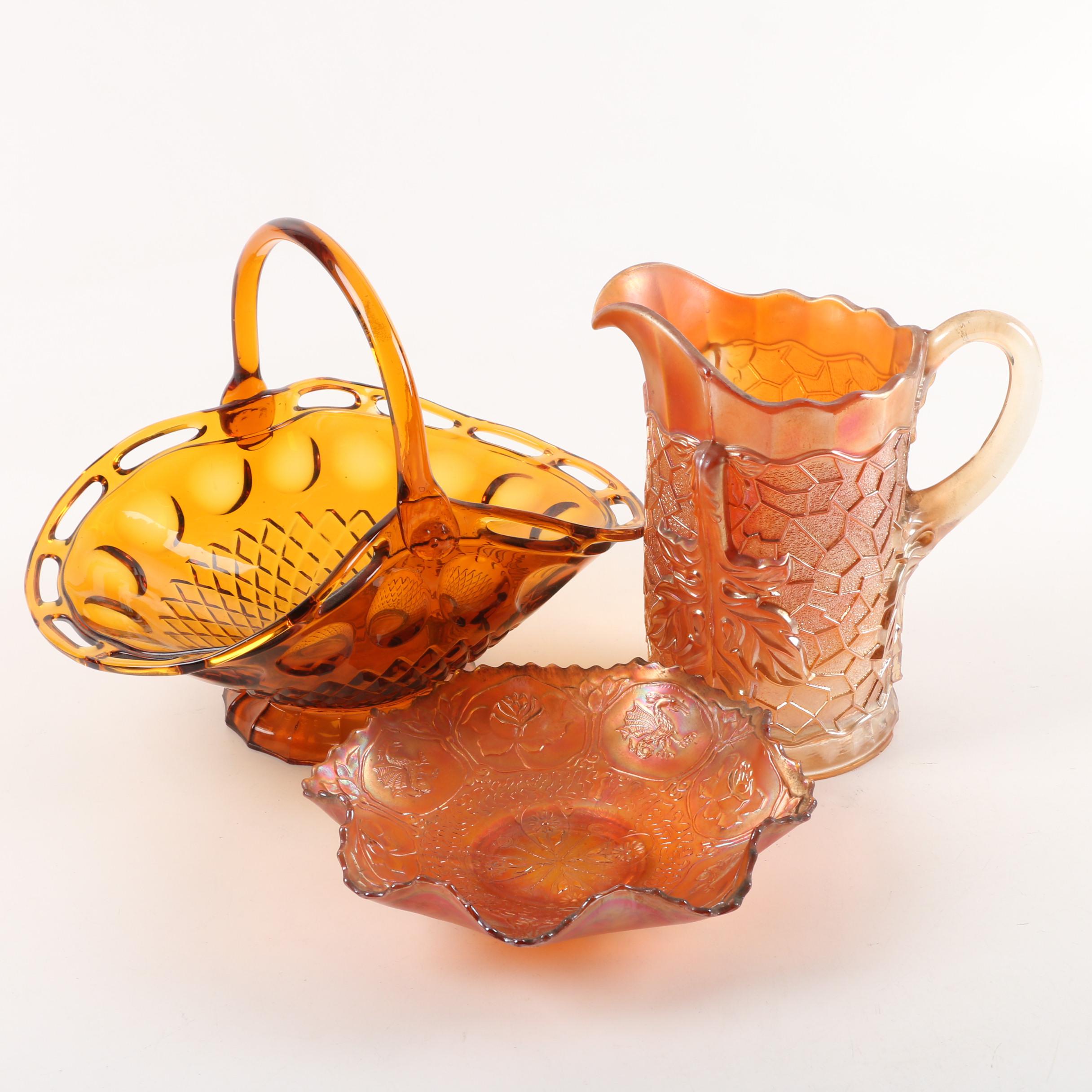 Fenton "Dragon and Lotus" Carnival Glass Bowl with Basket and Pitcher