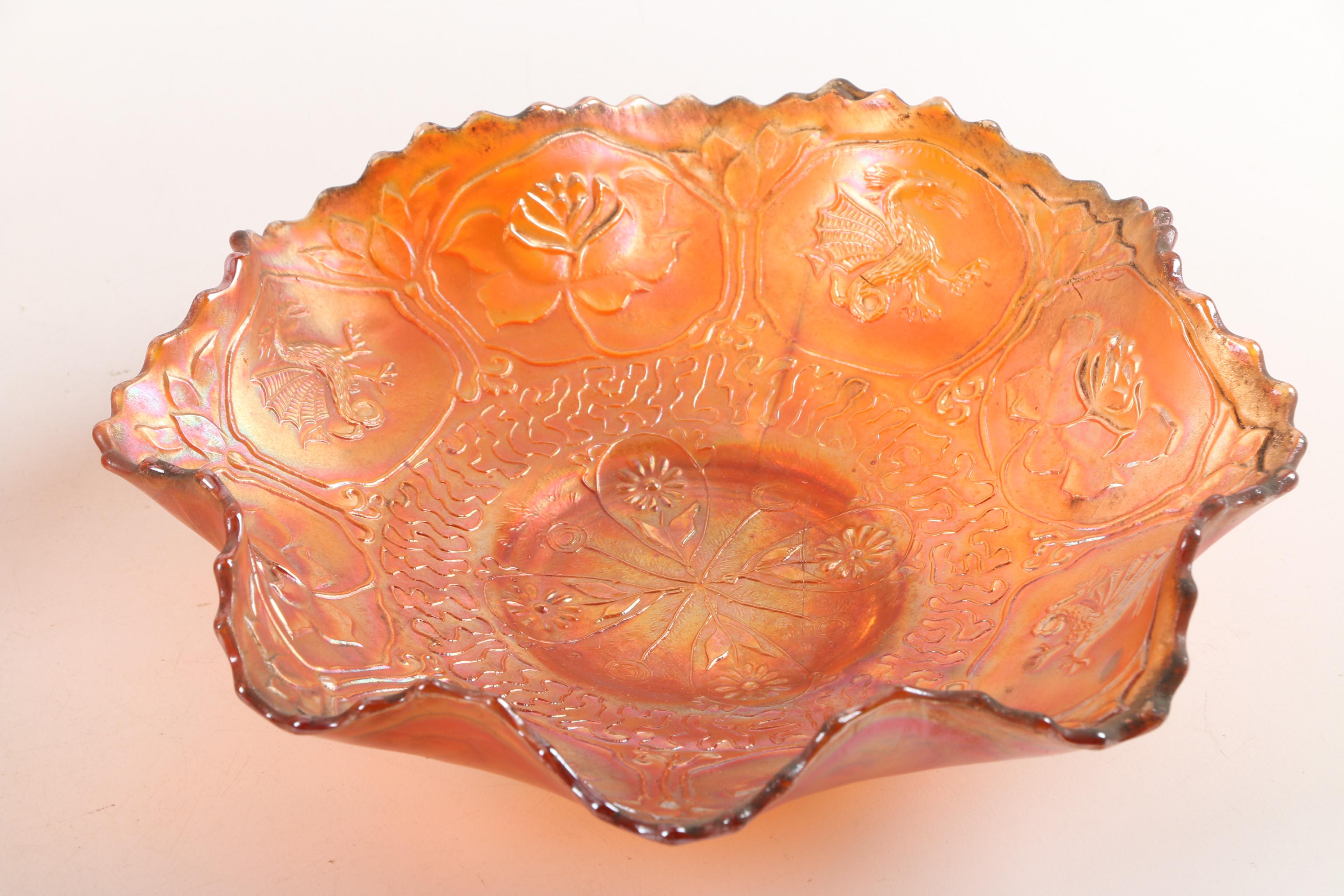 Fenton "Dragon and Lotus" Carnival Glass Bowl with Basket and Pitcher