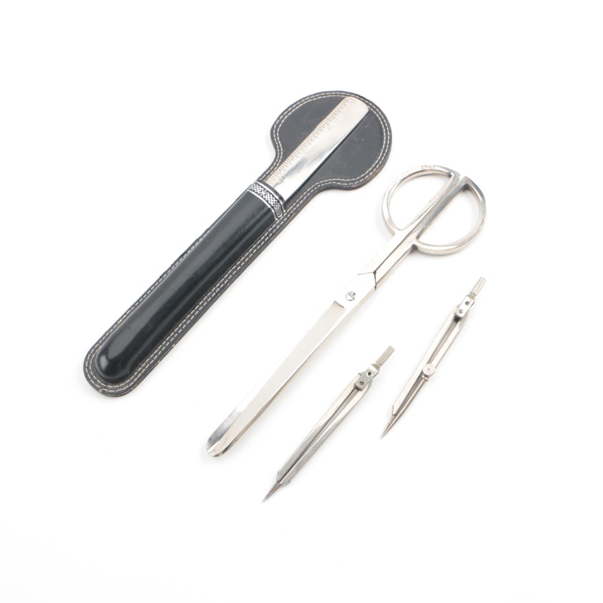 Letter Opener and Scissor Set in Bonded Leather Case With Metal Calipers