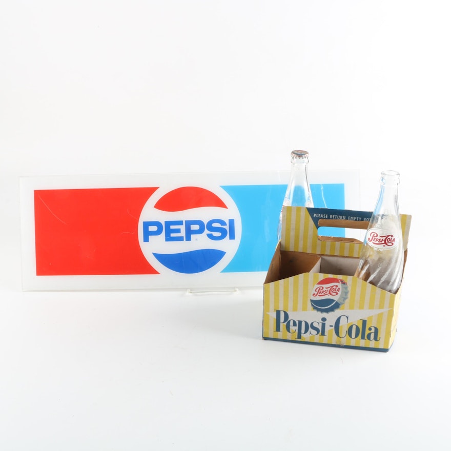 Pepsi Cola Sign, Bottles and Cardboard Carrier